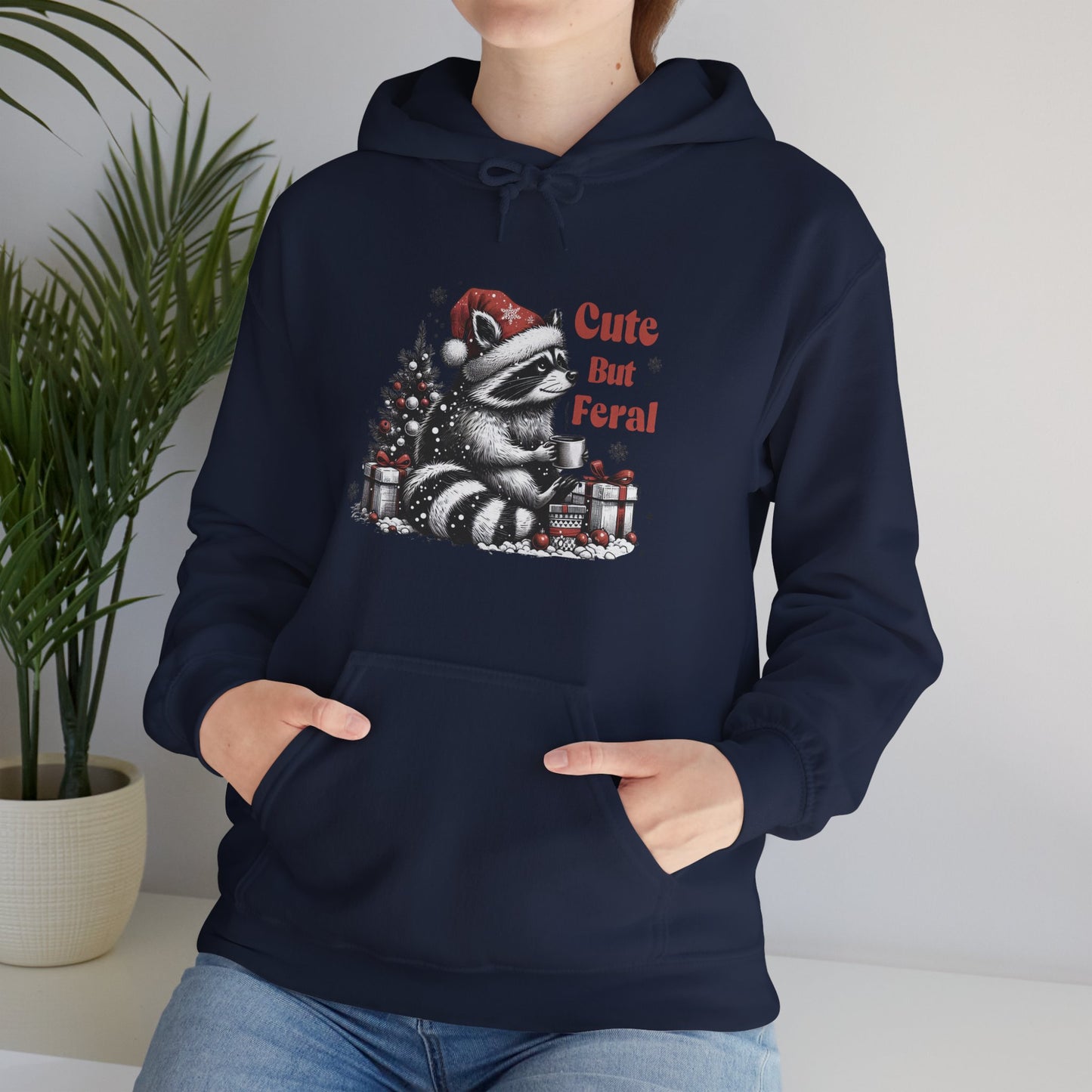 Cute But Feral Raccoon Holiday Hoodie — Christmas Animal Graphic Sweatshirt