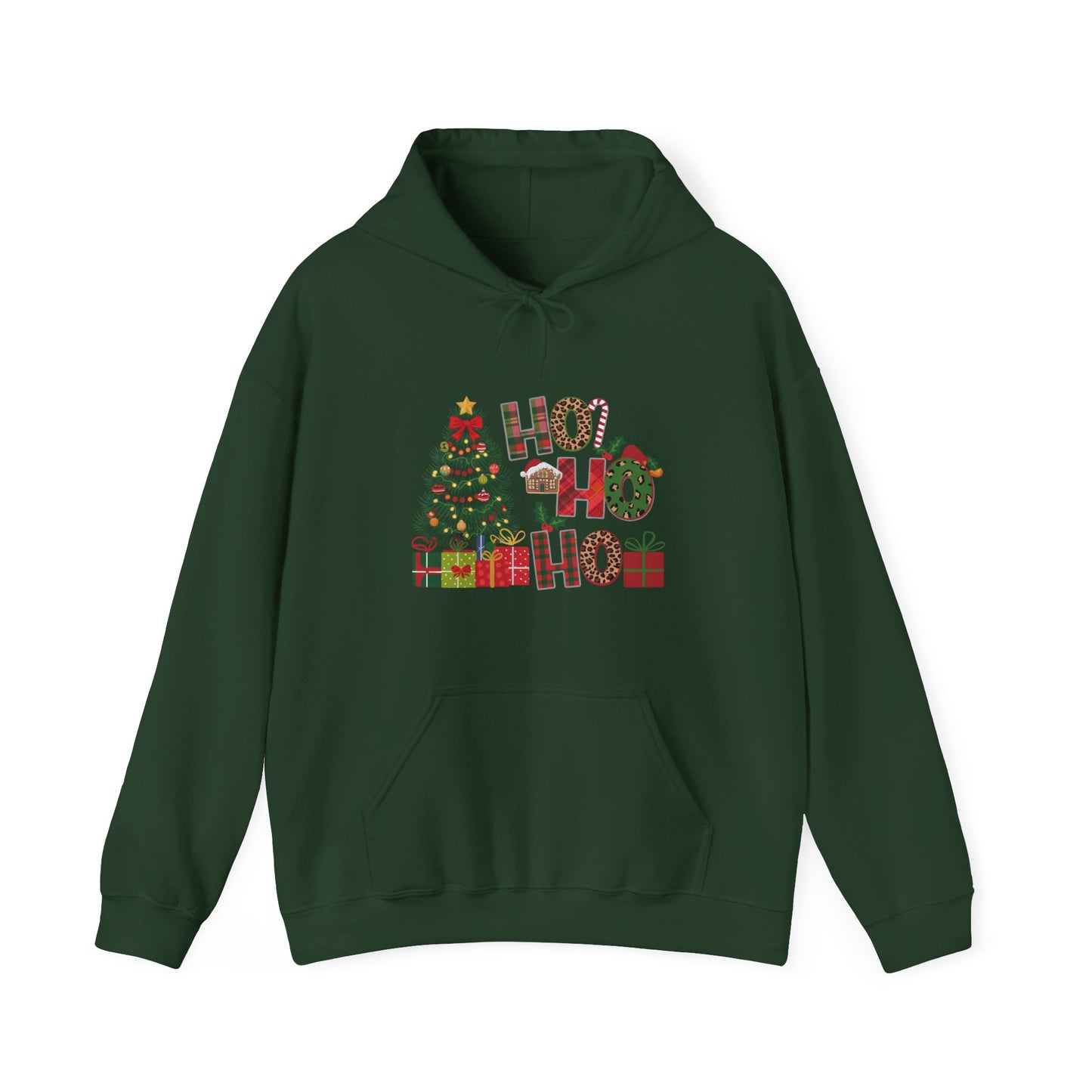 Christmas 'Ho Ho Ho' Hoodie with Tree & Gifts - Festive Holiday Sweatshirt