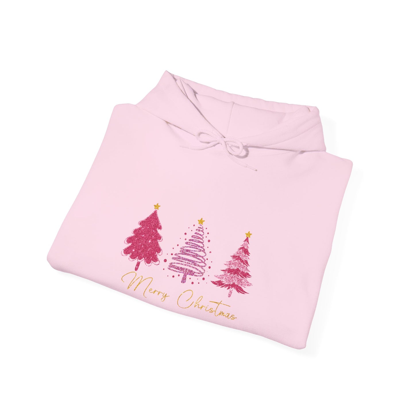 Christmas Pink Tree Hoodie — Merry Christmas Script Holiday Sweatshirt