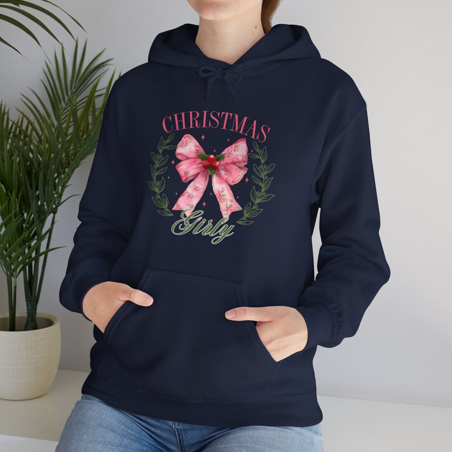 Christmas Girly Hoodie – Pink Bow Wreath Holiday Sweatshirt
