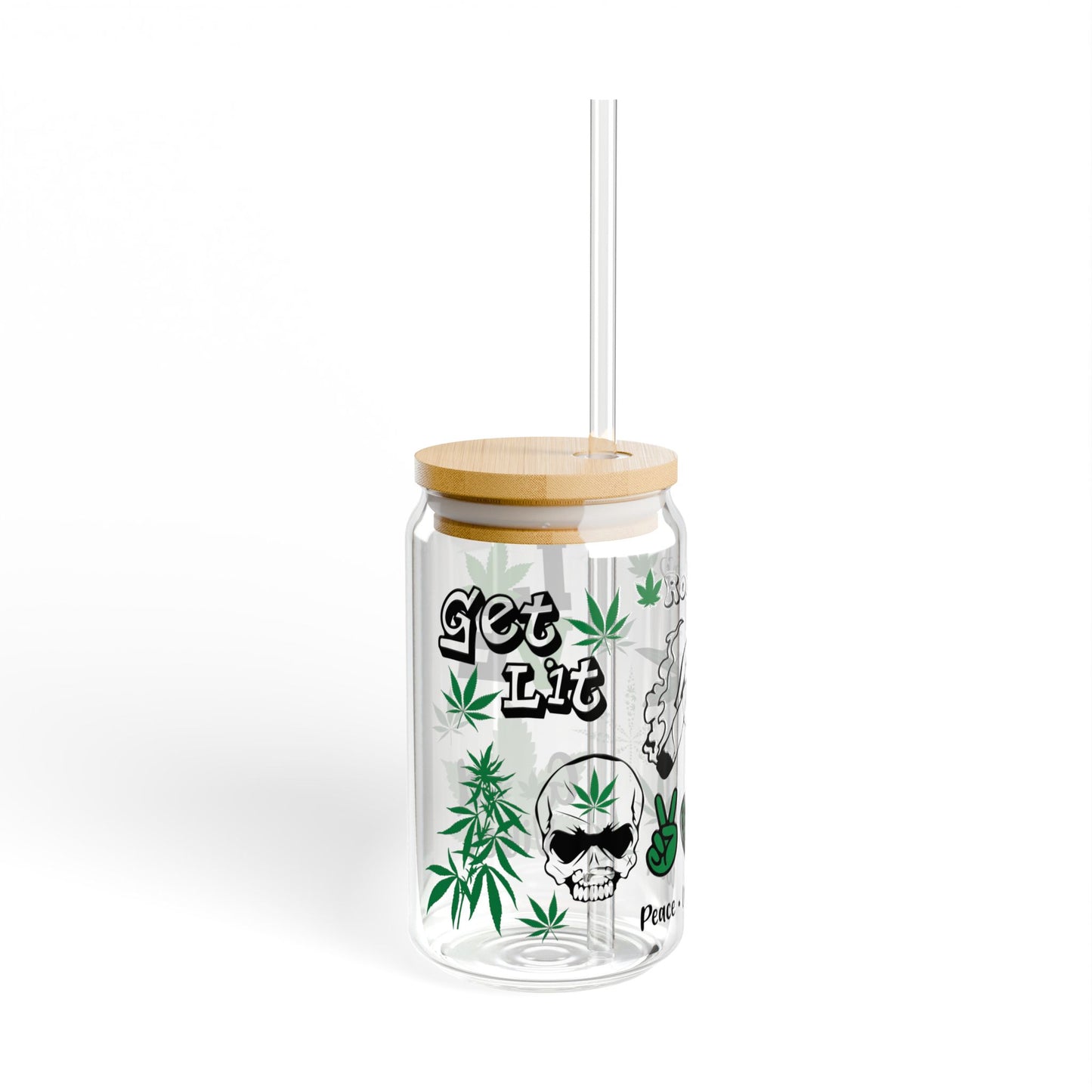 Glass Sipper Cup — 'Roll Up / Get Lit' Cannabis Leaf Design, 16oz