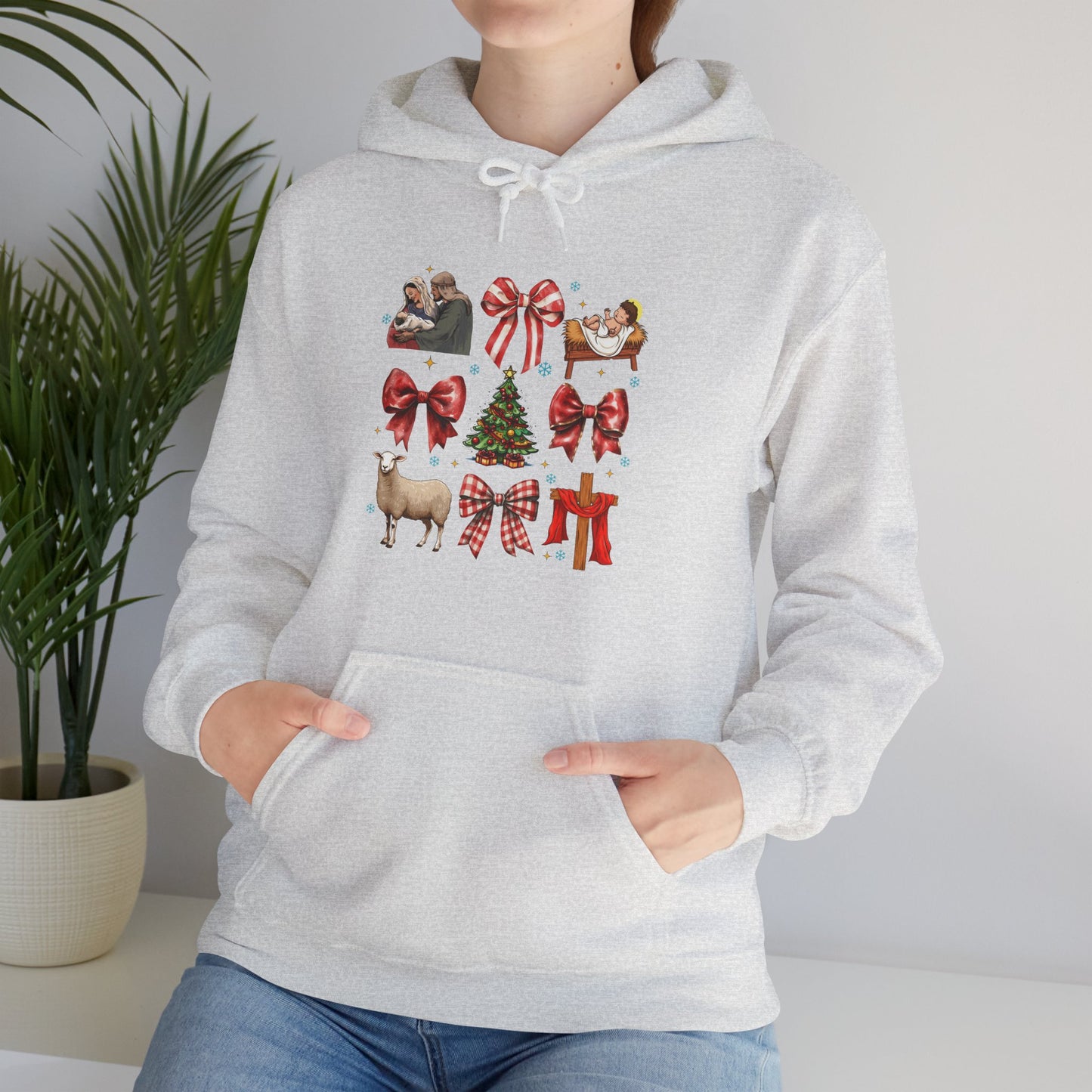 Christmas Bow & Reindeer Hoodie — Festive Holiday Graphic Sweatshirt