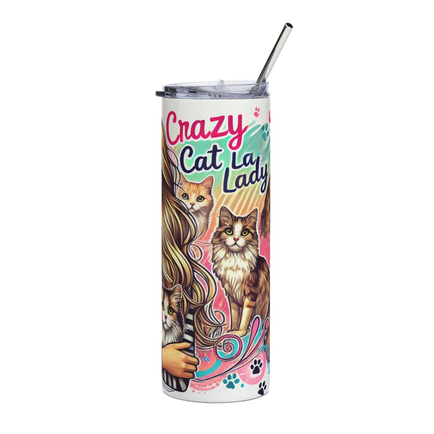 20oz Stainless Steel Tumbler — Cute Blonde Girl with Cats Illustrated Travel Cup