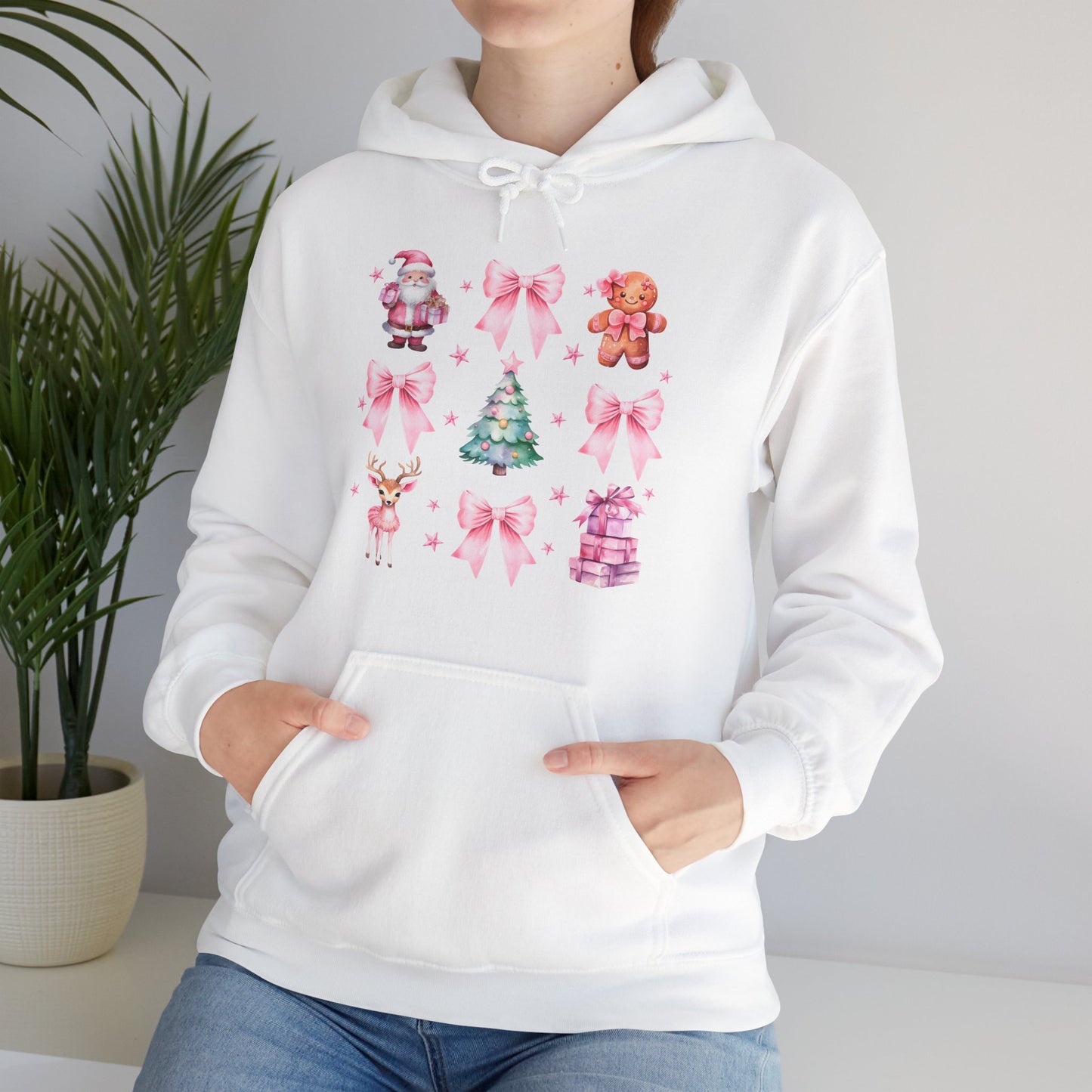 Christmas Graphic Hoodie — Pink Holiday Icons (Santa, Tree, Gingerbread, Bows)