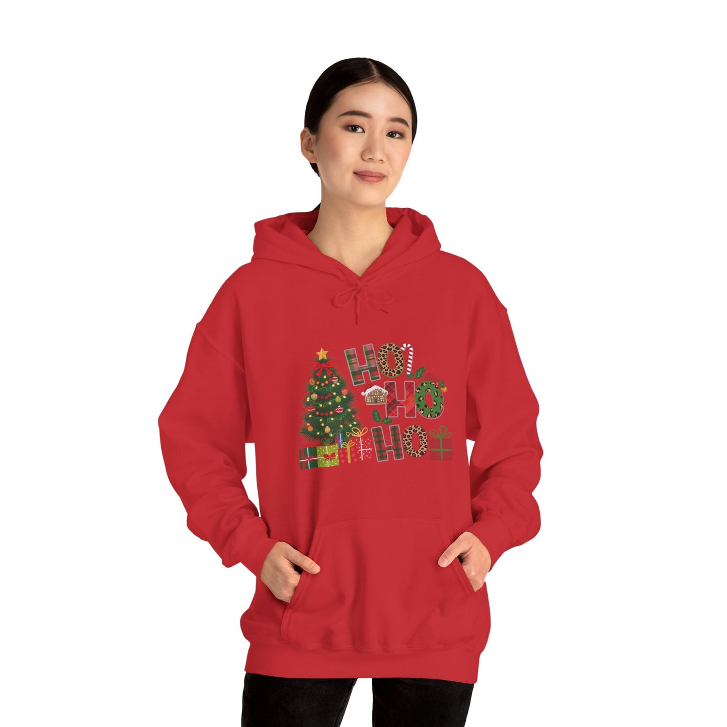 Christmas 'Ho Ho Ho' Hoodie with Tree & Gifts - Festive Holiday Sweatshirt
