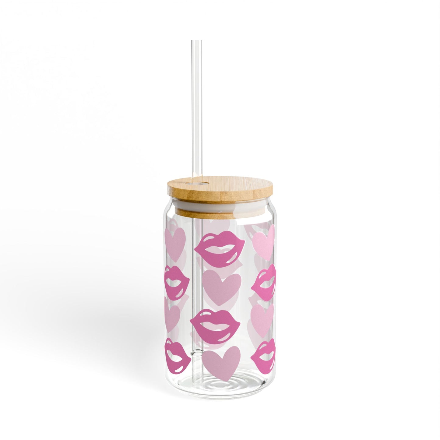 Kiss & Hearts Sipper Glass — 16oz Pink Lip Print Tumbler with Straw