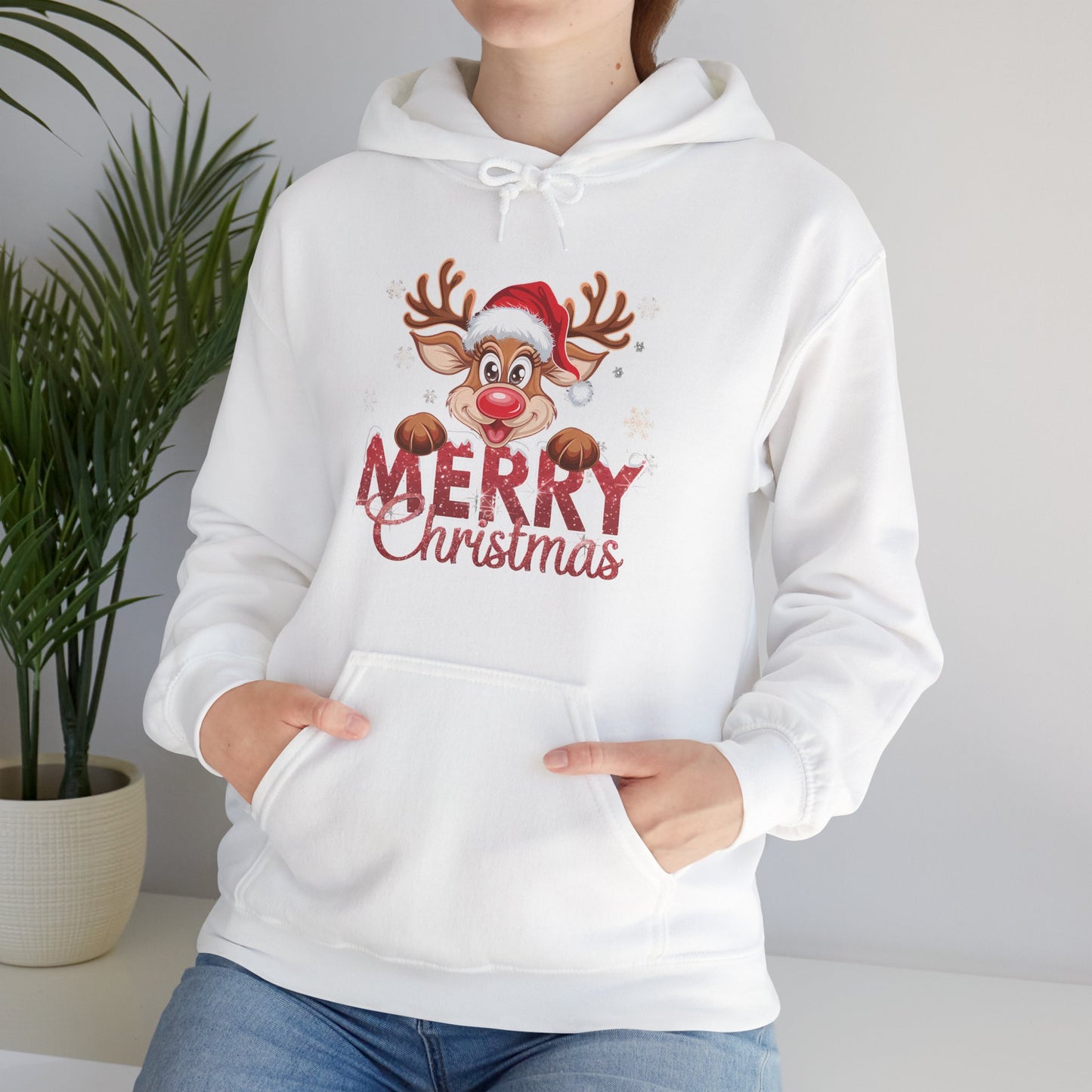 Christmas Reindeer Hoodie - 'Merry Christmas' Cute Santa Reindeer Holiday Sweatshirt