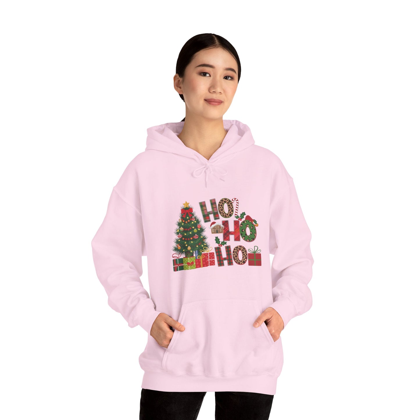 Christmas 'Ho Ho Ho' Hoodie with Tree & Gifts - Festive Holiday Sweatshirt