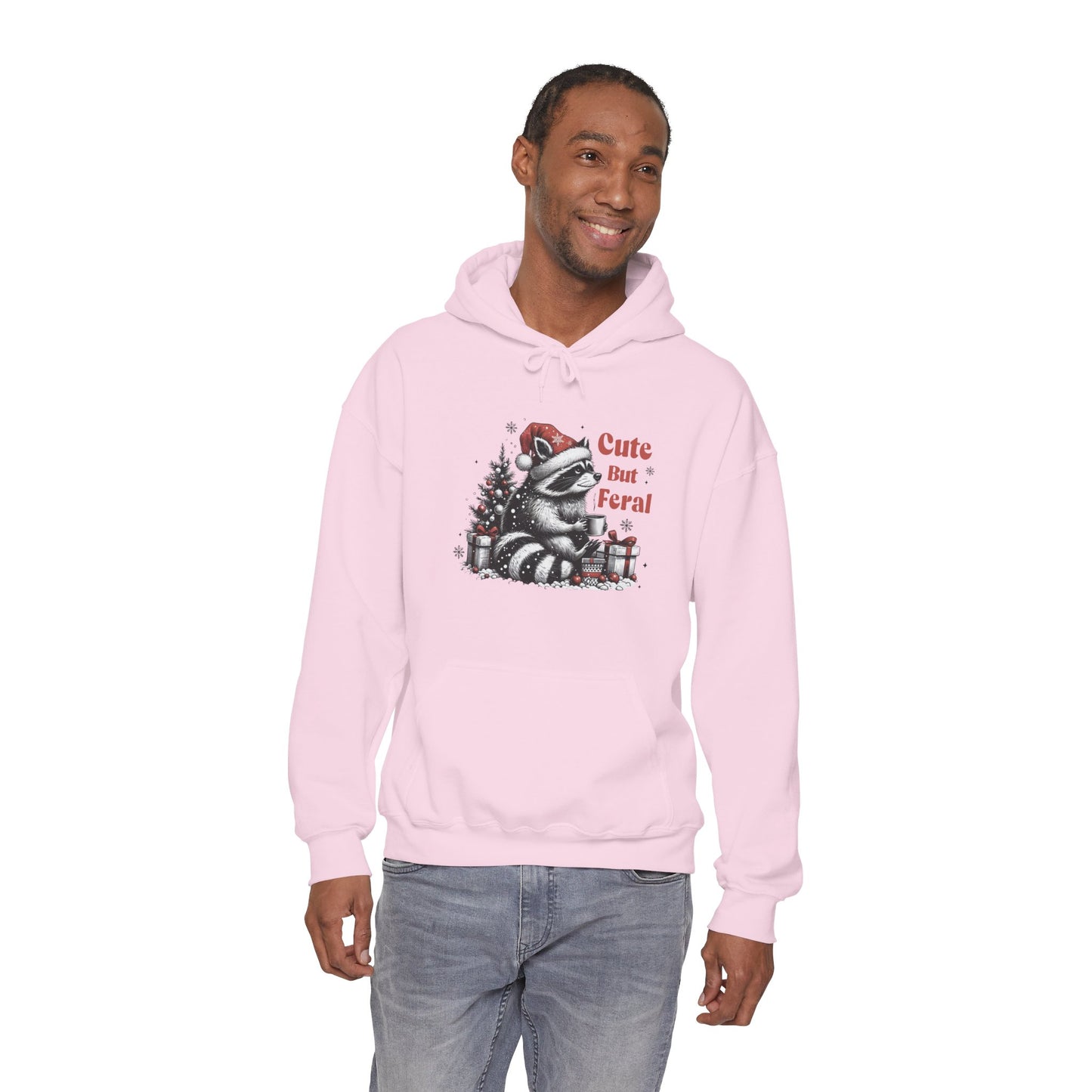 Cute But Feral Raccoon Holiday Hoodie — Christmas Animal Graphic Sweatshirt