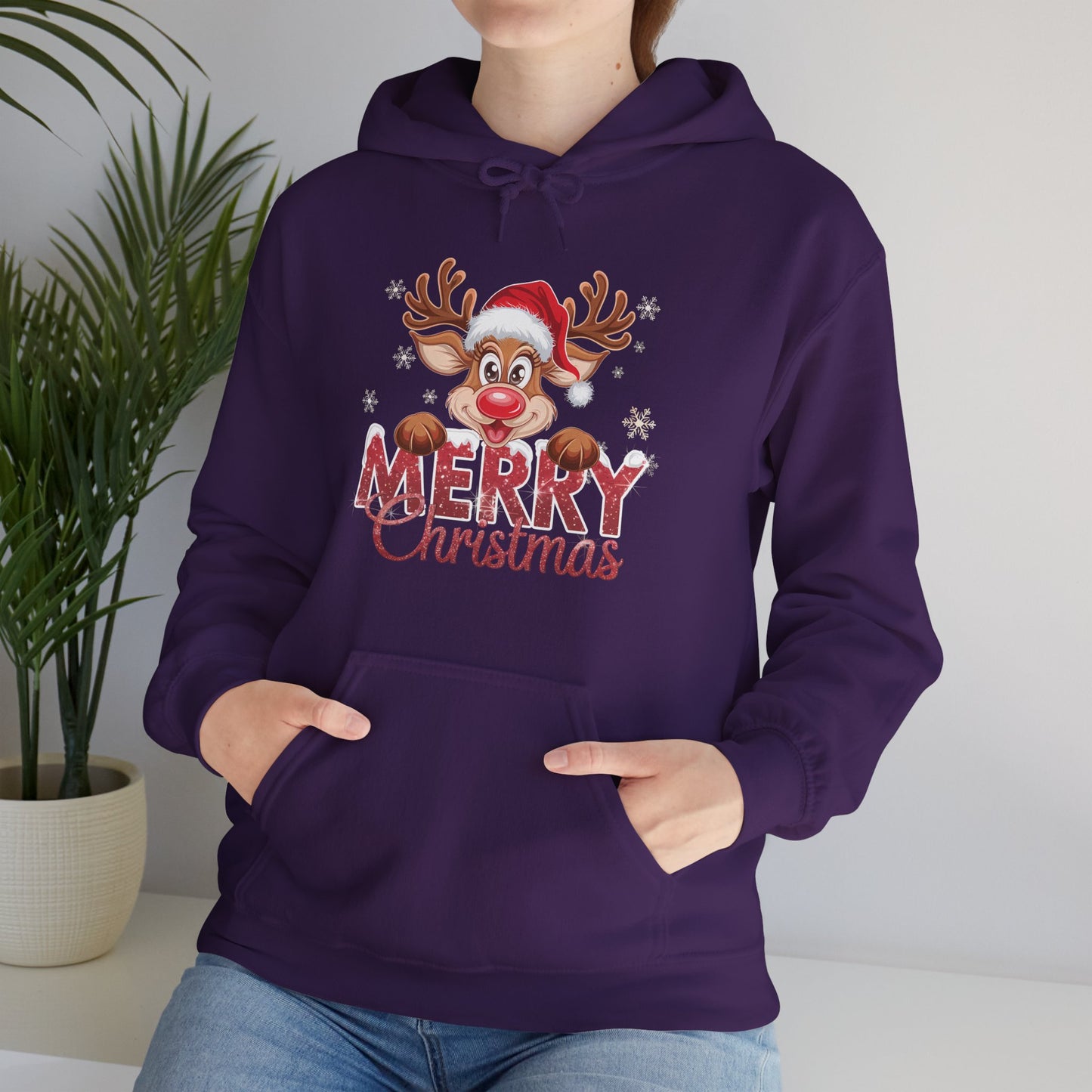 Christmas Reindeer Hoodie - 'Merry Christmas' Cute Santa Reindeer Holiday Sweatshirt