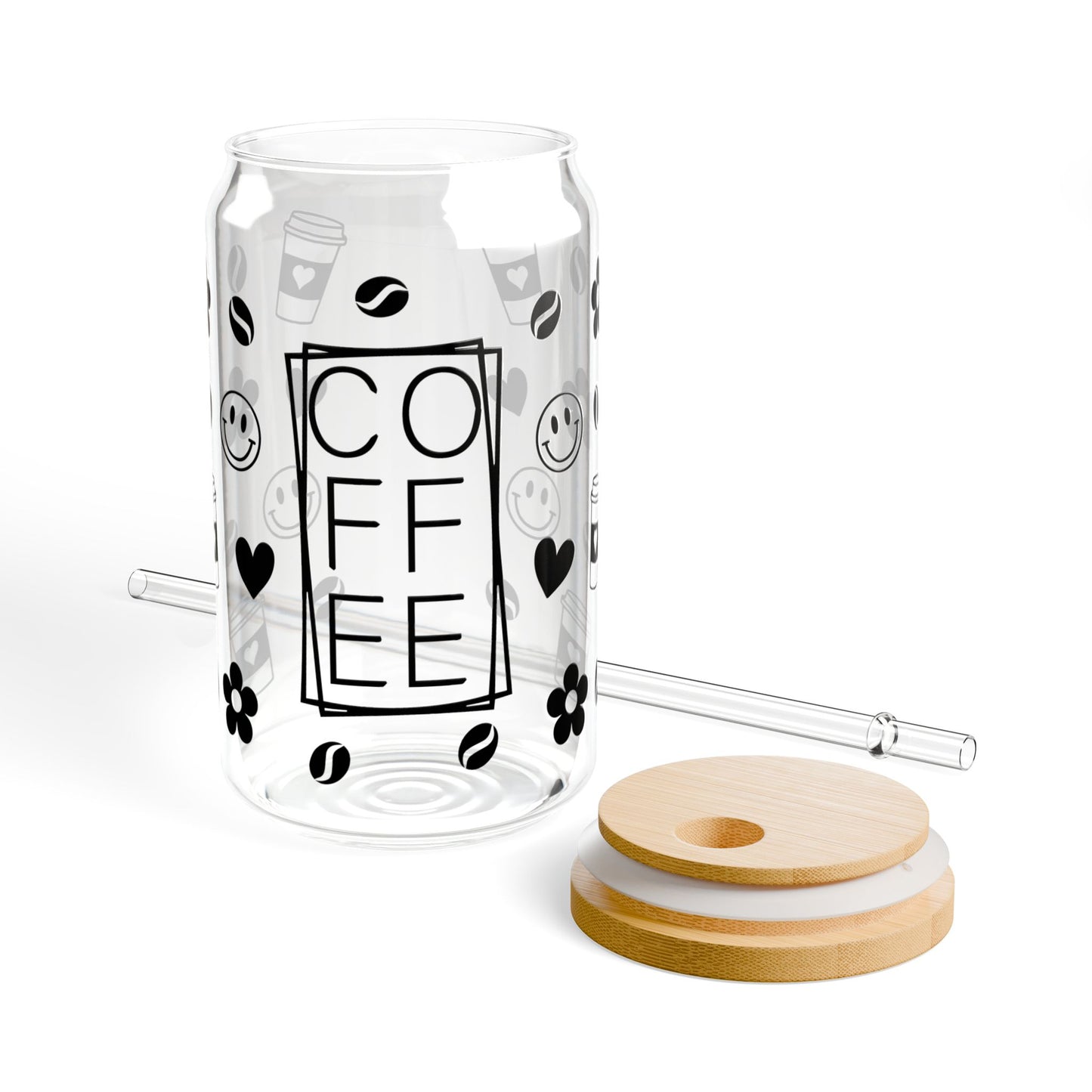 Coffee Sipper Glass 16oz — Floral & Coffee Bean Travel Tumbler with Bamboo Lid