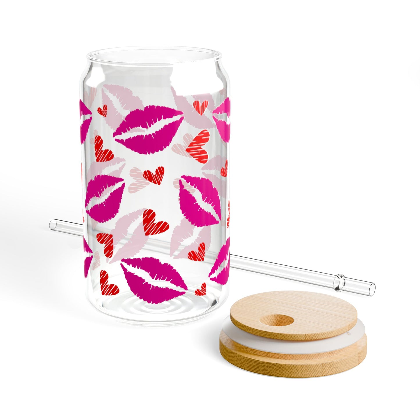 Kiss Print 16oz Sipper Glass with Straw – Cute Lip & Hearts Cold Drink Tumbler