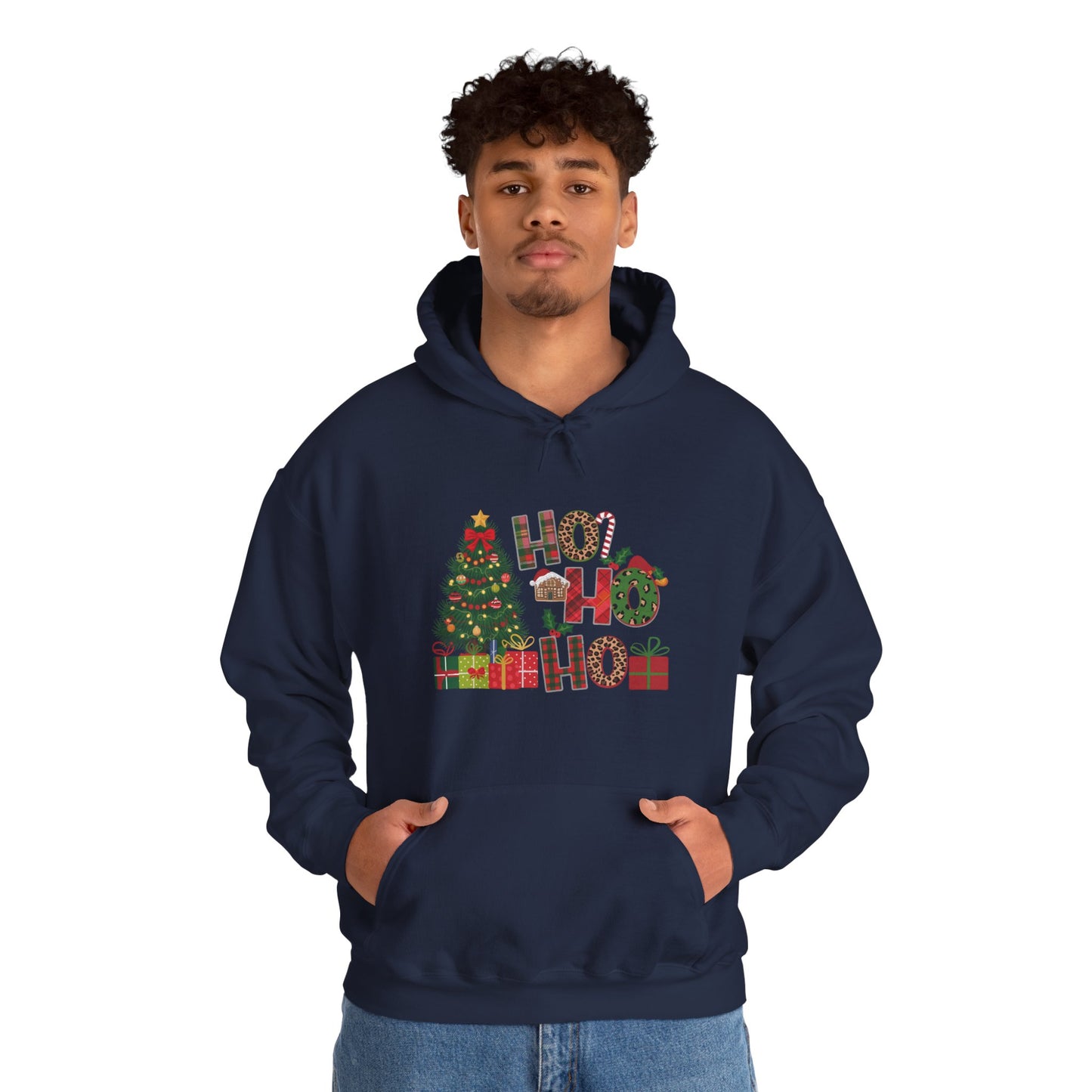 Christmas 'Ho Ho Ho' Hoodie with Tree & Gifts - Festive Holiday Sweatshirt