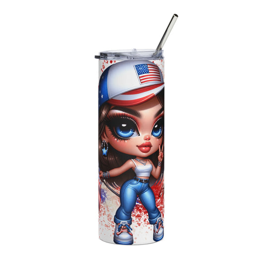 20oz Patriotic Girl Stainless Steel Tumbler — American Flag Cute Character