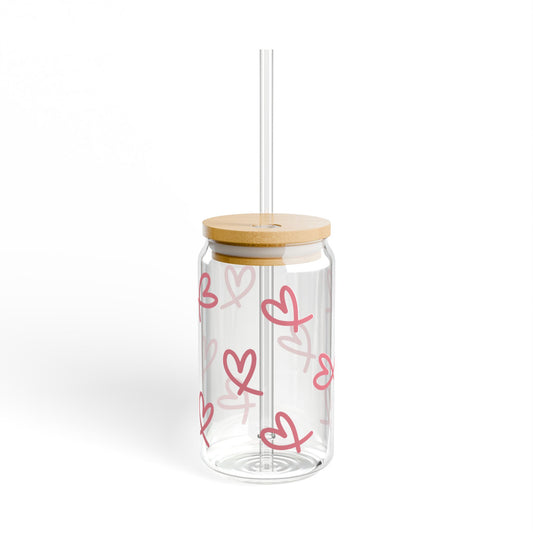Glass Sipper Cup – Pink Doodle Hearts, 16oz Reusable Straw Tumbler