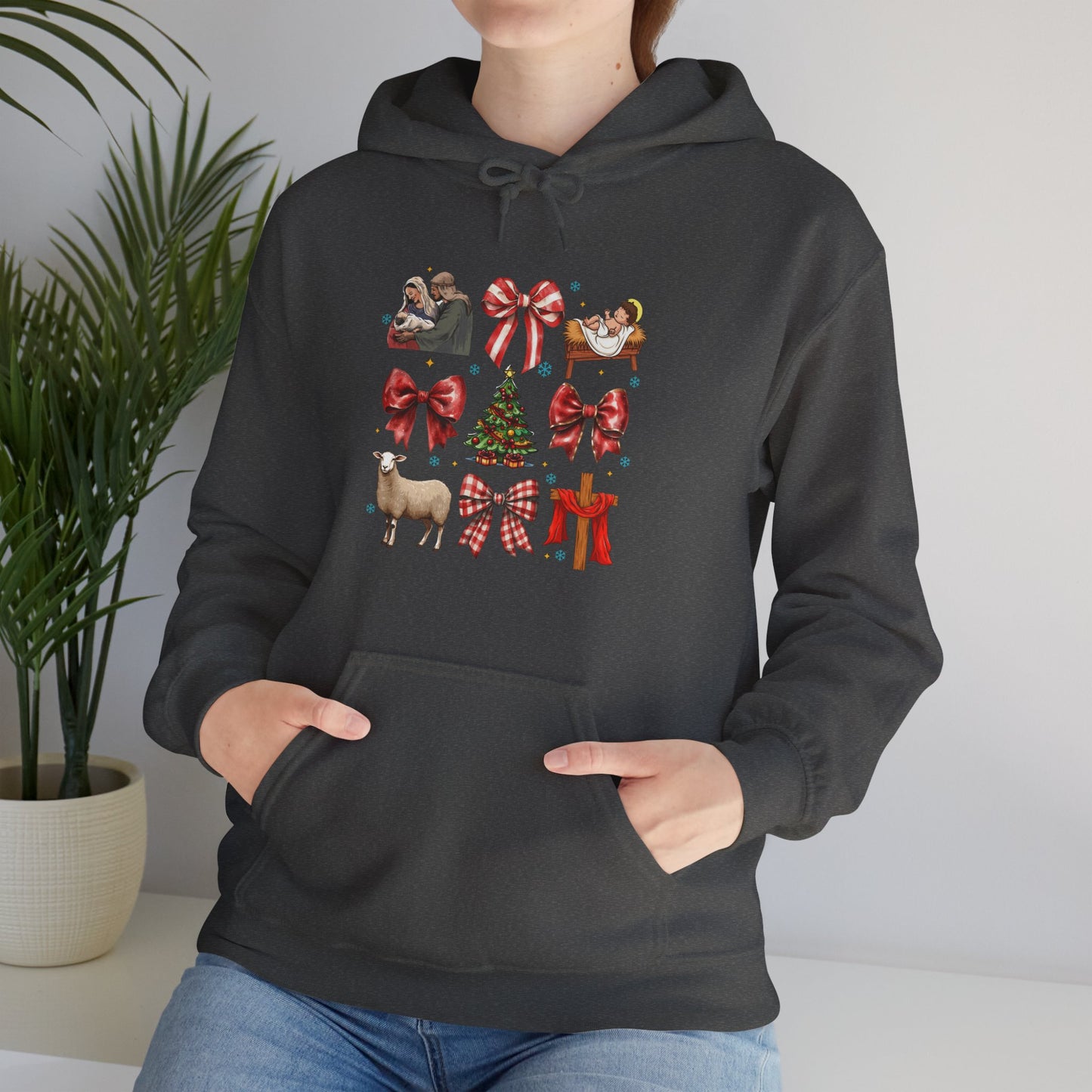 Christmas Bow & Reindeer Hoodie — Festive Holiday Graphic Sweatshirt