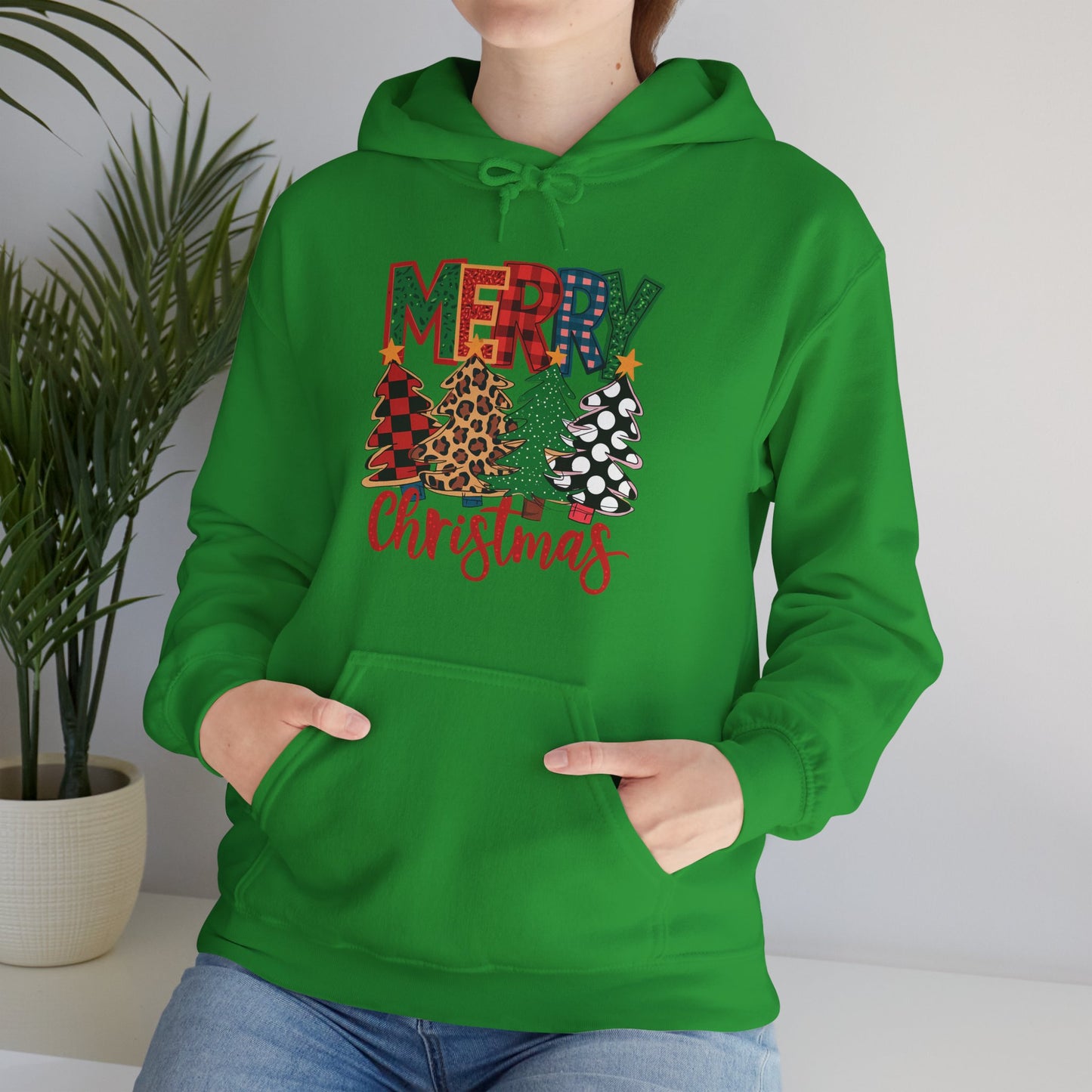 Merry Christmas Pine Tree Hoodie — Festive Buffalo Plaid Holiday Sweatshirt