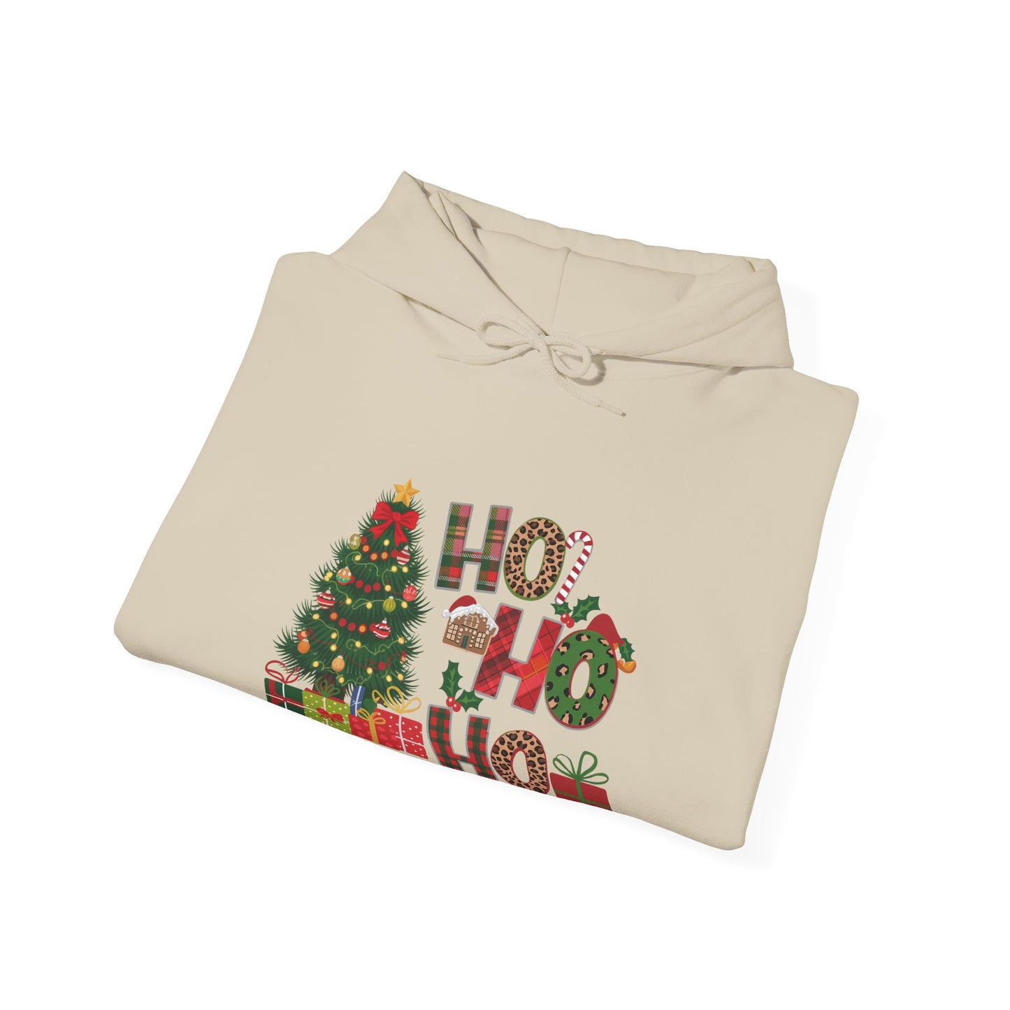 Christmas 'Ho Ho Ho' Hoodie with Tree & Gifts - Festive Holiday Sweatshirt
