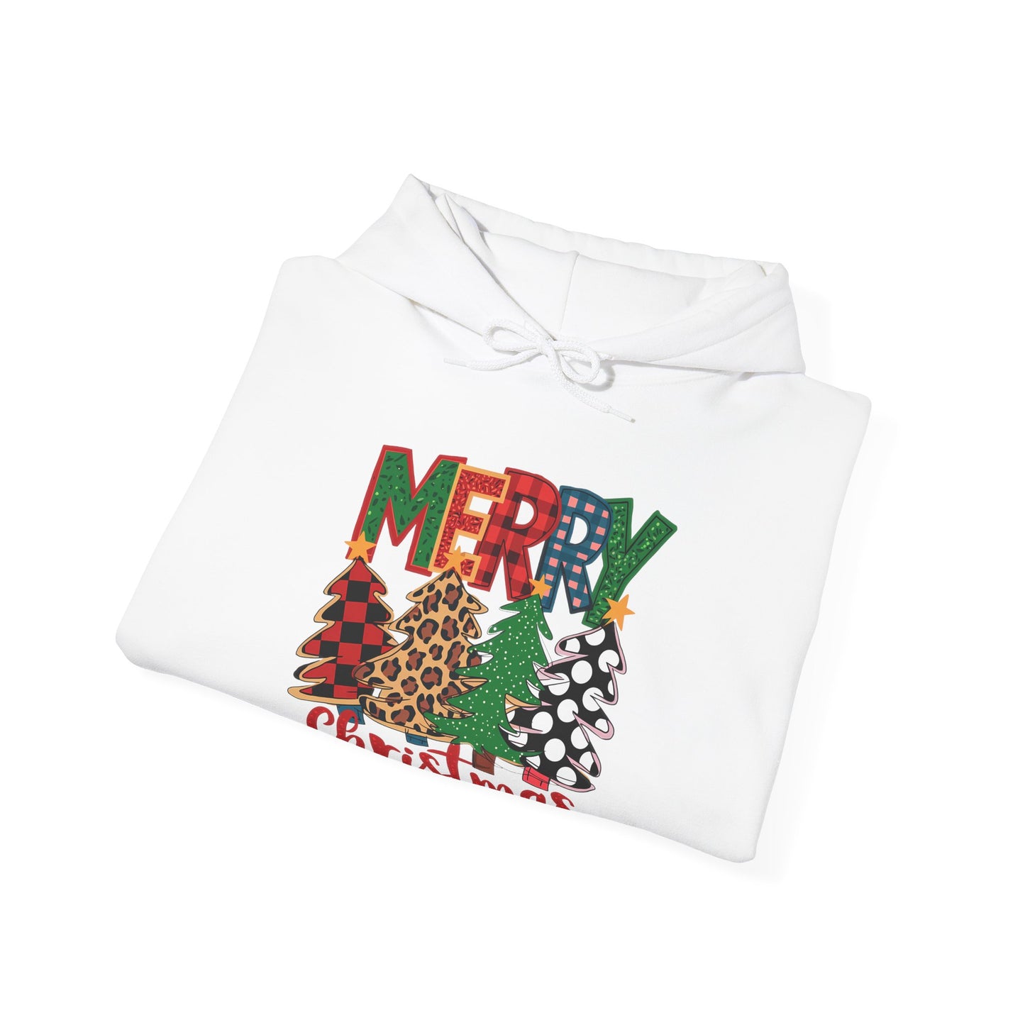 Merry Christmas Pine Tree Hoodie — Festive Buffalo Plaid Holiday Sweatshirt