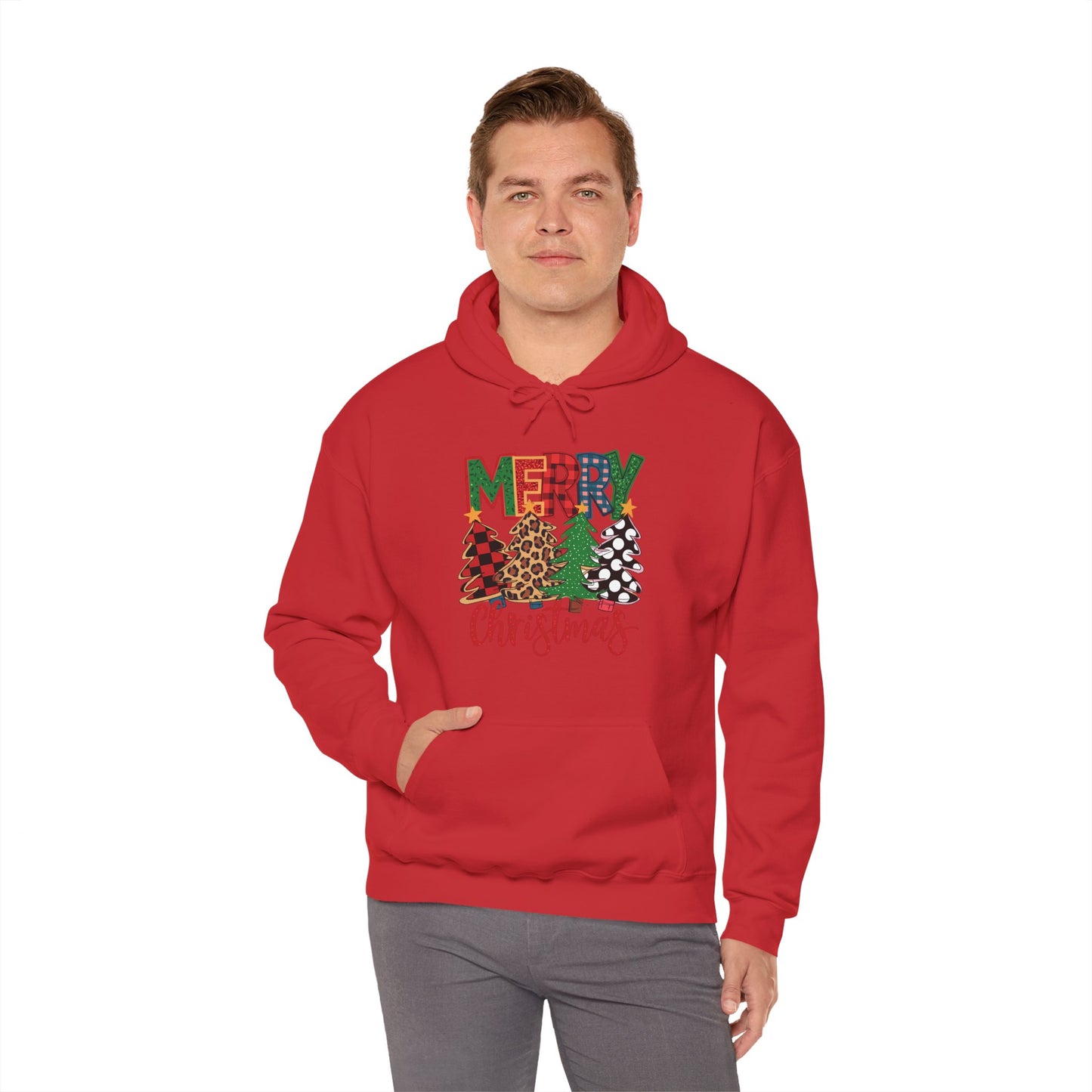 Merry Christmas Pine Tree Hoodie — Festive Buffalo Plaid Holiday Sweatshirt