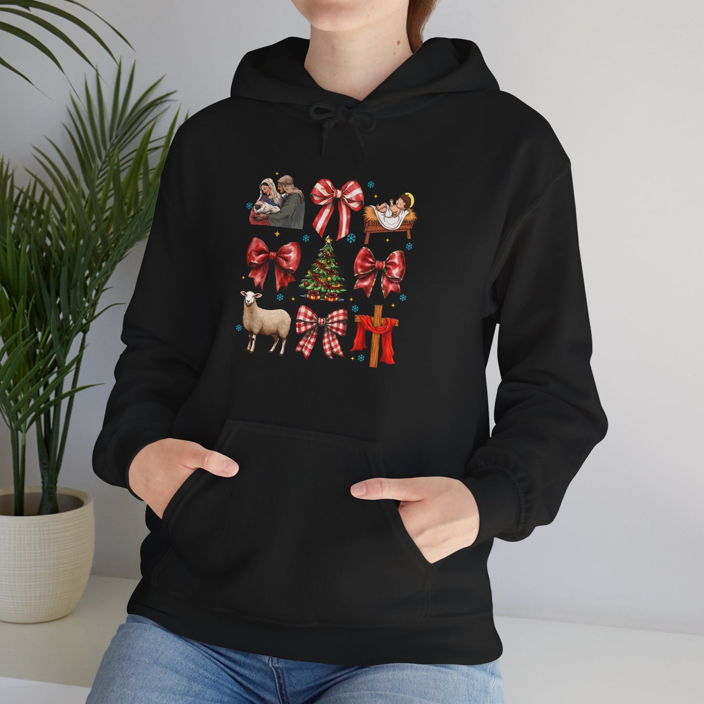 Christmas Bow & Reindeer Hoodie — Festive Holiday Graphic Sweatshirt