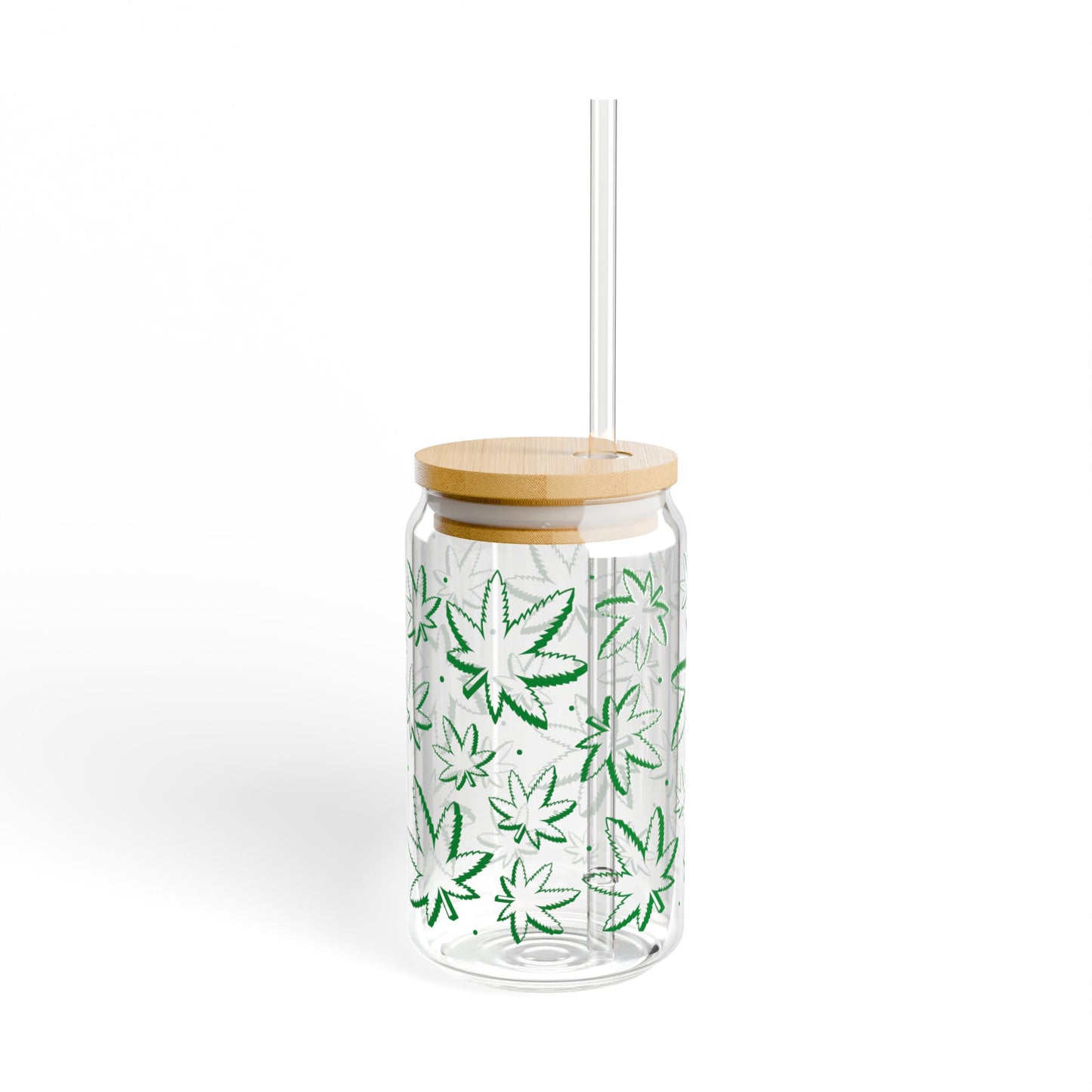 Leaf Pattern 16oz Glass Sipper with Bamboo Lid & Straw