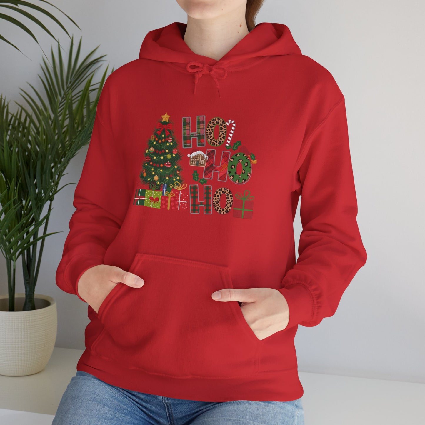 Christmas 'Ho Ho Ho' Hoodie with Tree & Gifts - Festive Holiday Sweatshirt