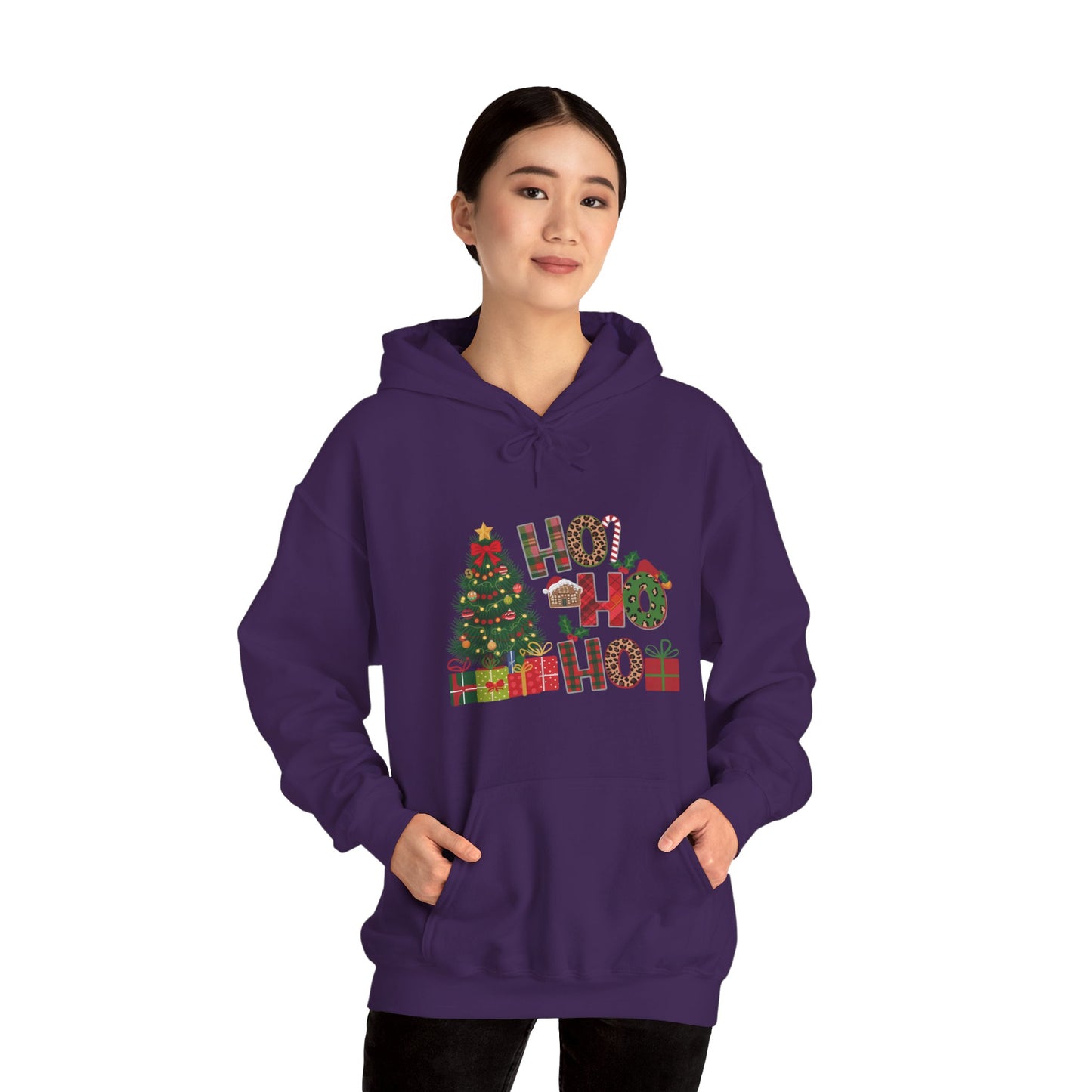 Christmas 'Ho Ho Ho' Hoodie with Tree & Gifts - Festive Holiday Sweatshirt