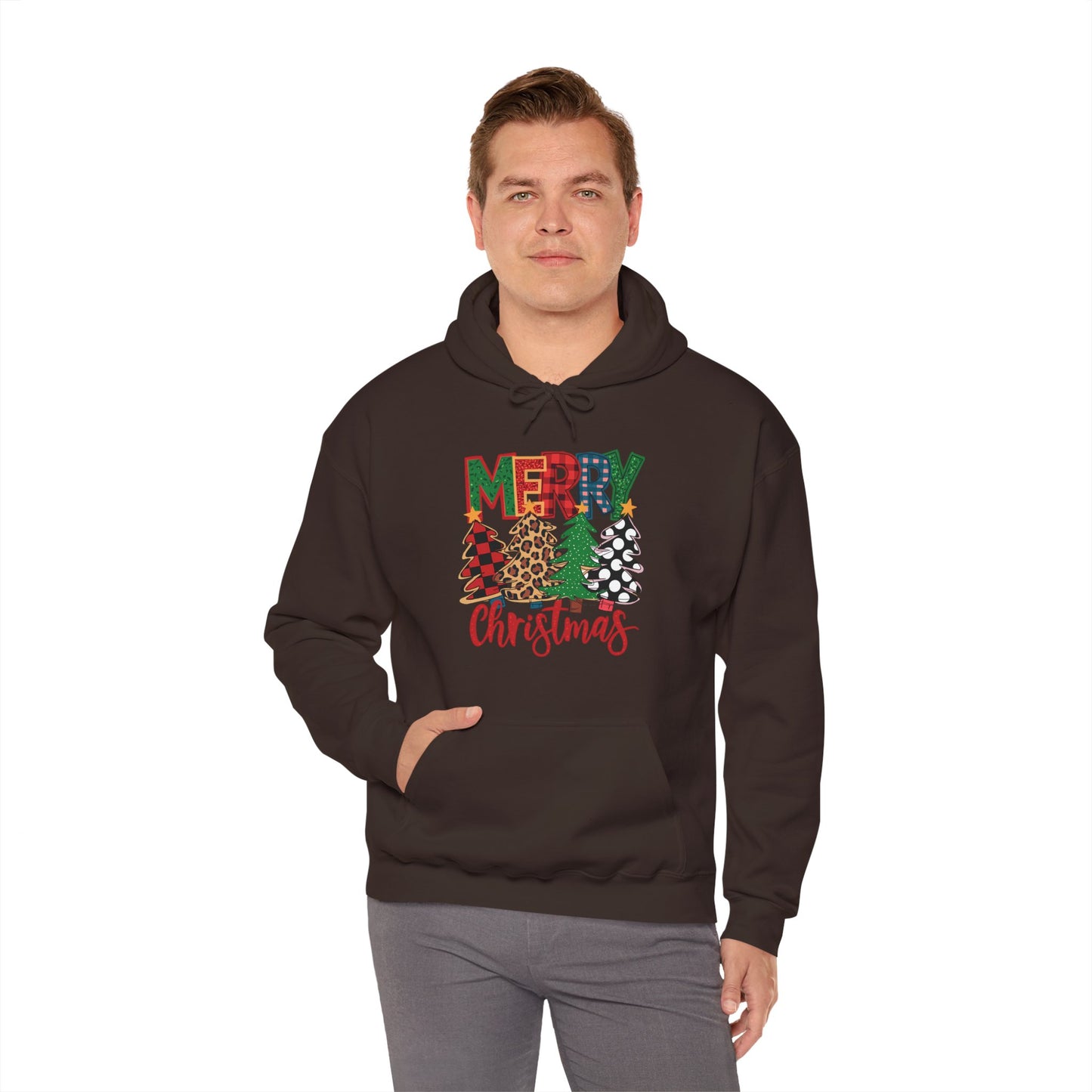 Merry Christmas Pine Tree Hoodie — Festive Buffalo Plaid Holiday Sweatshirt