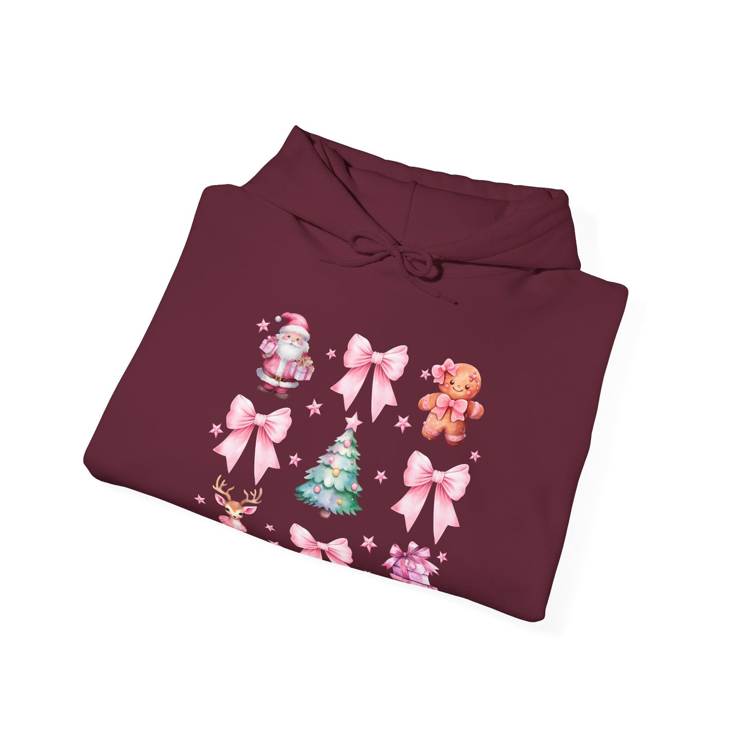 Christmas Graphic Hoodie — Pink Holiday Icons (Santa, Tree, Gingerbread, Bows)