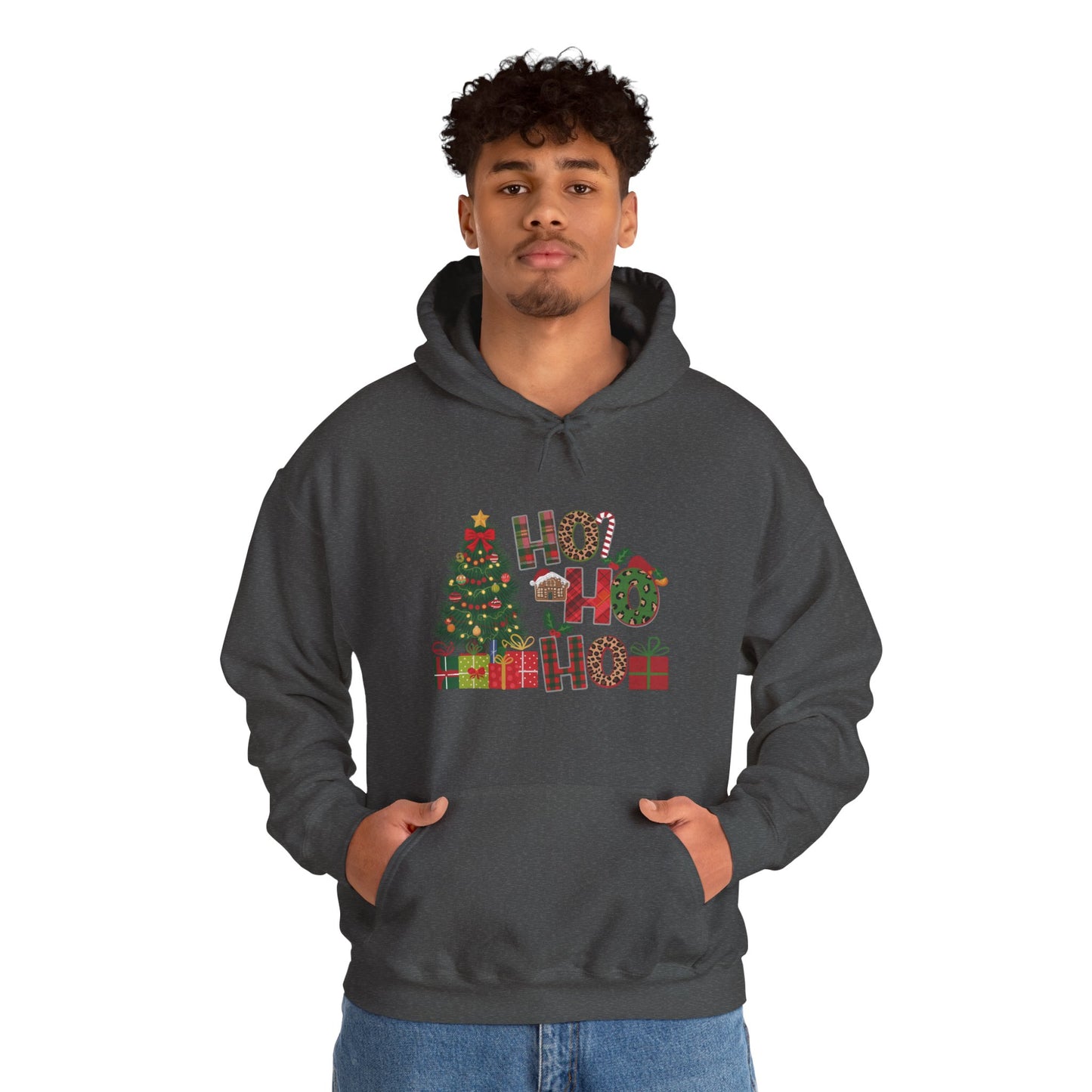 Christmas 'Ho Ho Ho' Hoodie with Tree & Gifts - Festive Holiday Sweatshirt