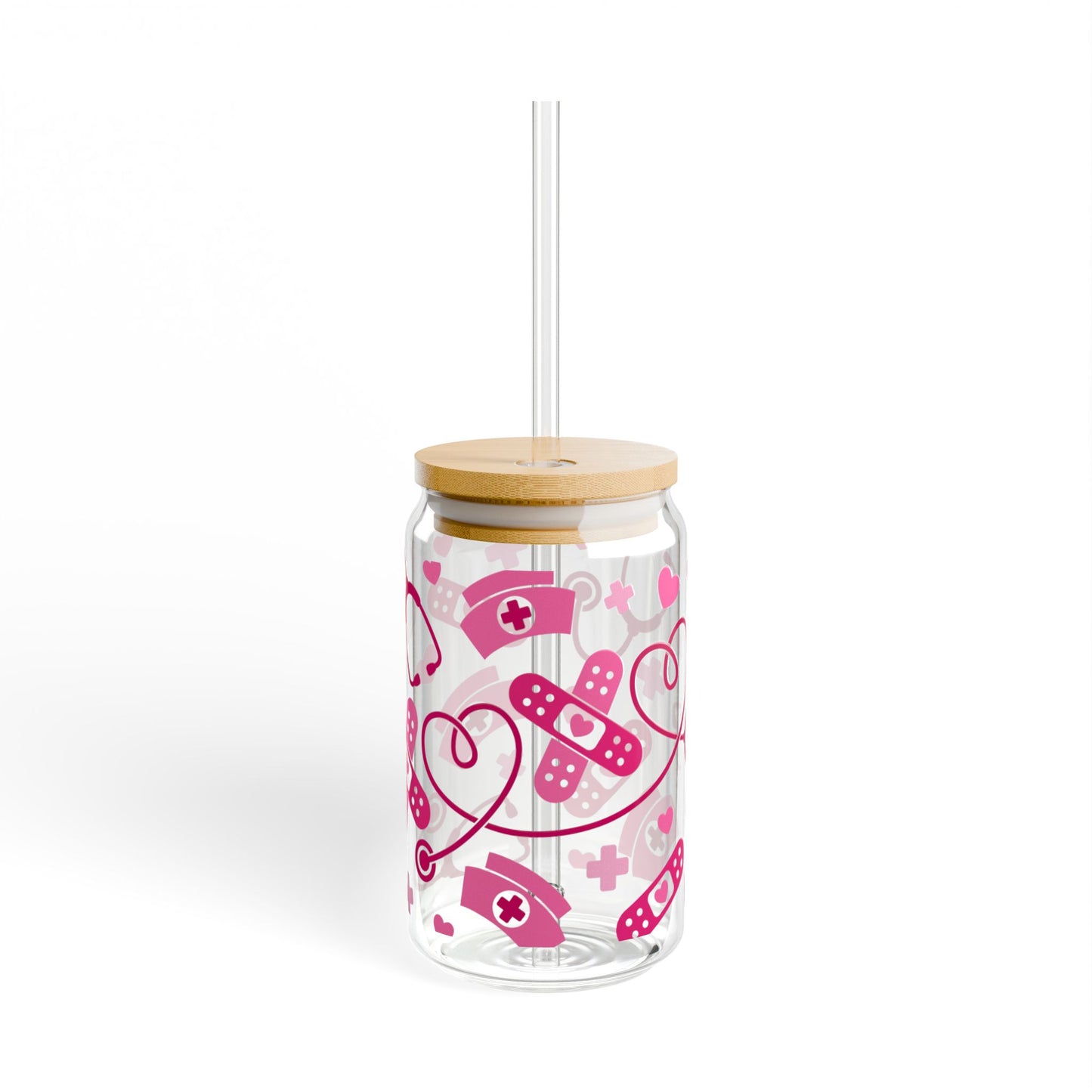 16oz Medical Hearts Sipper Glass – Nurse Stethoscope & Bandage Drink Tumbler