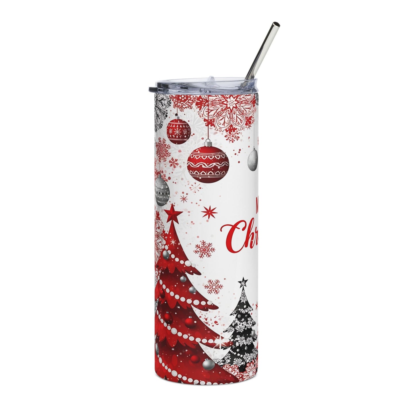 Merry Christmas 20oz Stainless Tumbler - Holiday Red Ornament & Tree Travel Cup
