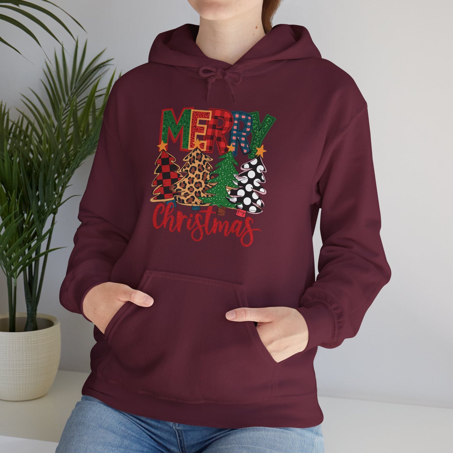 Merry Christmas Pine Tree Hoodie — Festive Buffalo Plaid Holiday Sweatshirt