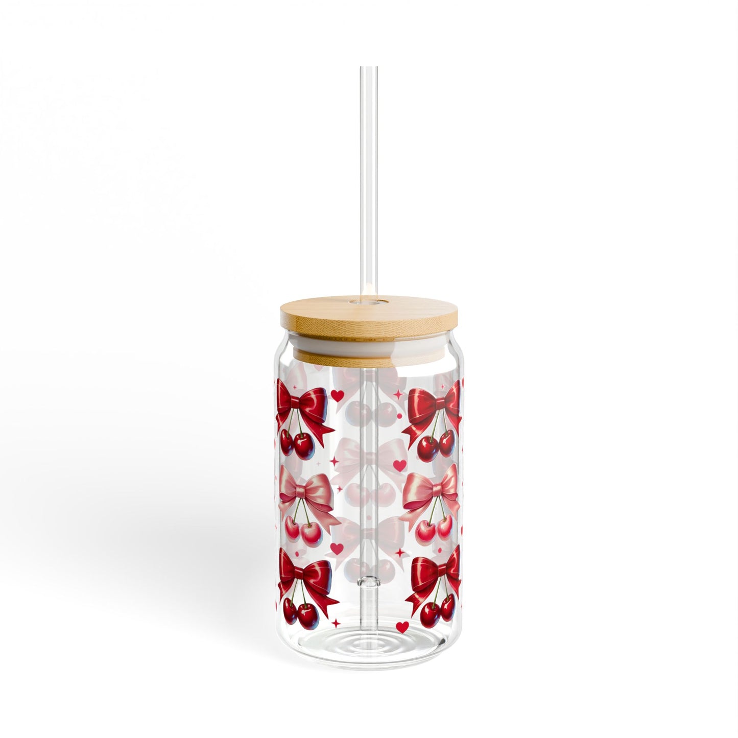 16oz Glass Sipper with Red Bow & Hearts — Valentines Straw Tumbler