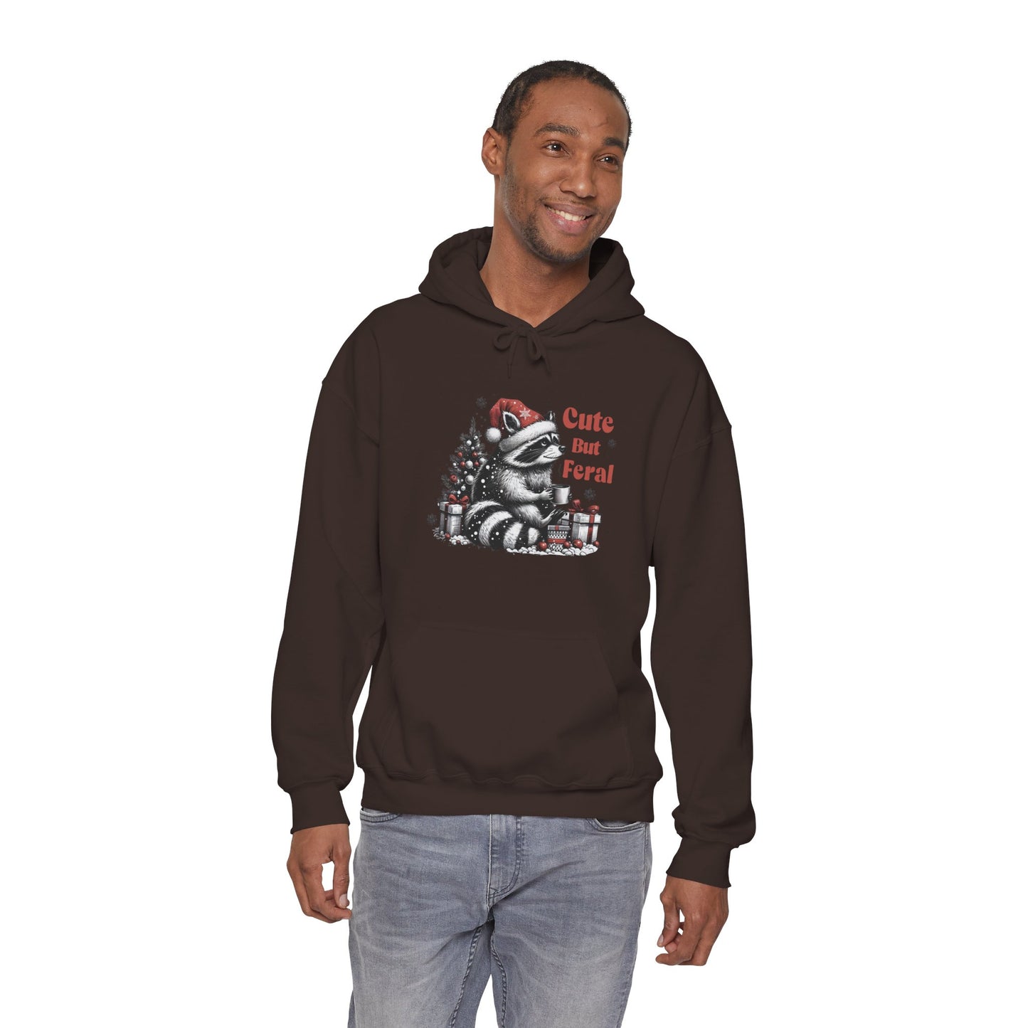 Cute But Feral Raccoon Holiday Hoodie — Christmas Animal Graphic Sweatshirt