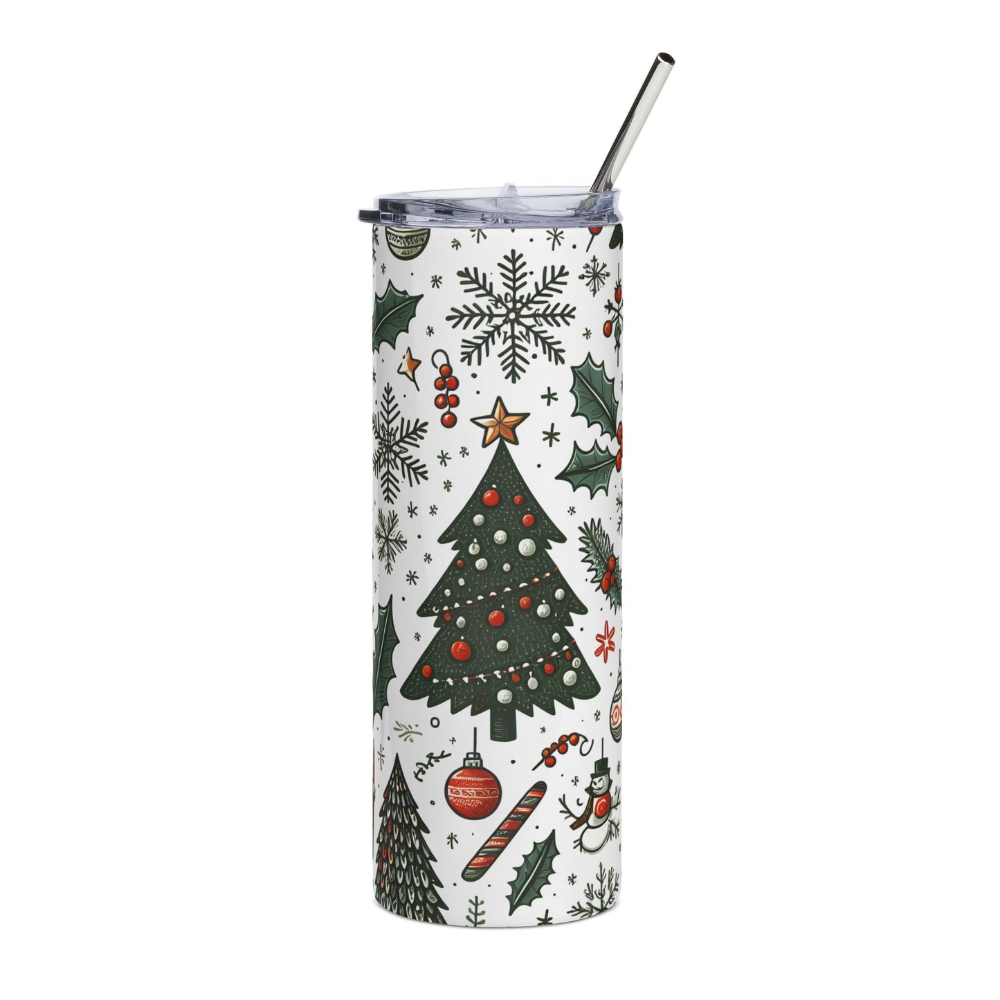 Christmas Holiday Skinny Tumbler 20oz — Festive Tree & Ornaments Stainless Steel Travel Cup