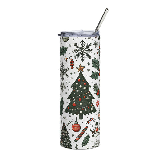 Christmas Holiday Skinny Tumbler 20oz — Festive Tree & Ornaments Stainless Steel Travel Cup