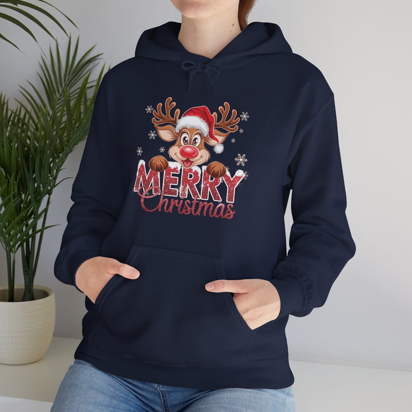 Christmas Reindeer Hoodie - 'Merry Christmas' Cute Santa Reindeer Holiday Sweatshirt