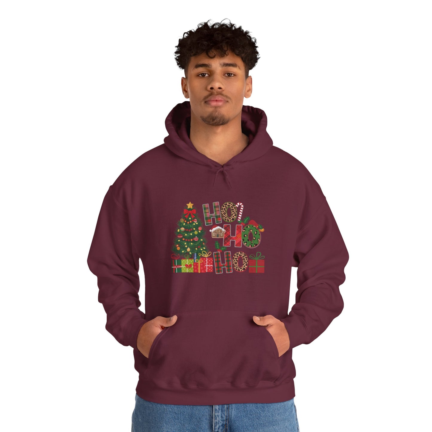 Christmas 'Ho Ho Ho' Hoodie with Tree & Gifts - Festive Holiday Sweatshirt