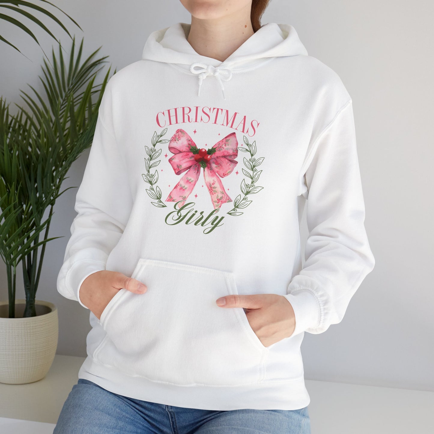 Christmas Girly Hoodie – Pink Bow Wreath Holiday Sweatshirt