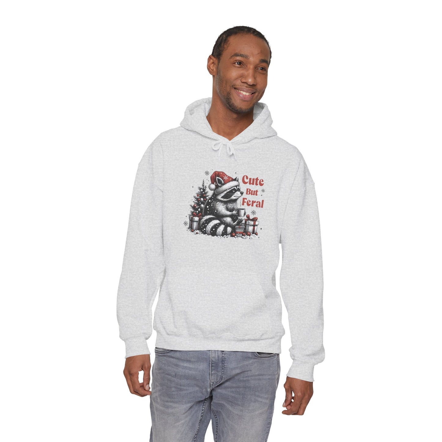 Cute But Feral Raccoon Holiday Hoodie — Christmas Animal Graphic Sweatshirt