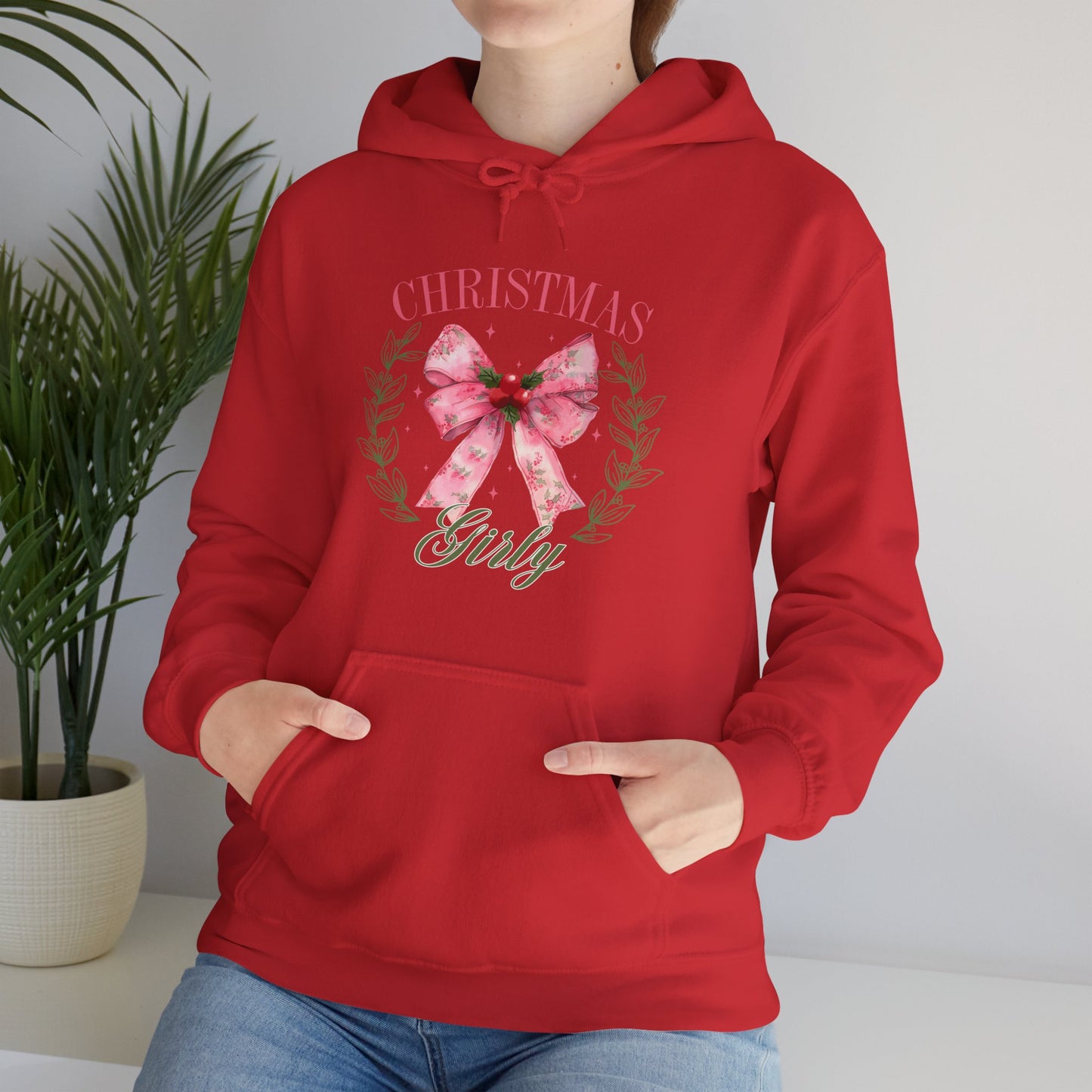 Christmas Girly Hoodie – Pink Bow Wreath Holiday Sweatshirt