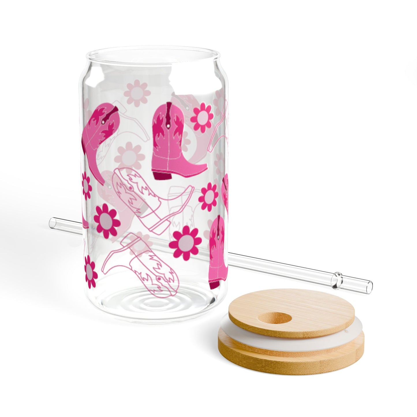 16oz Sipper Glass — Pink Cowgirl Boots & Flowers Travel Tumbler