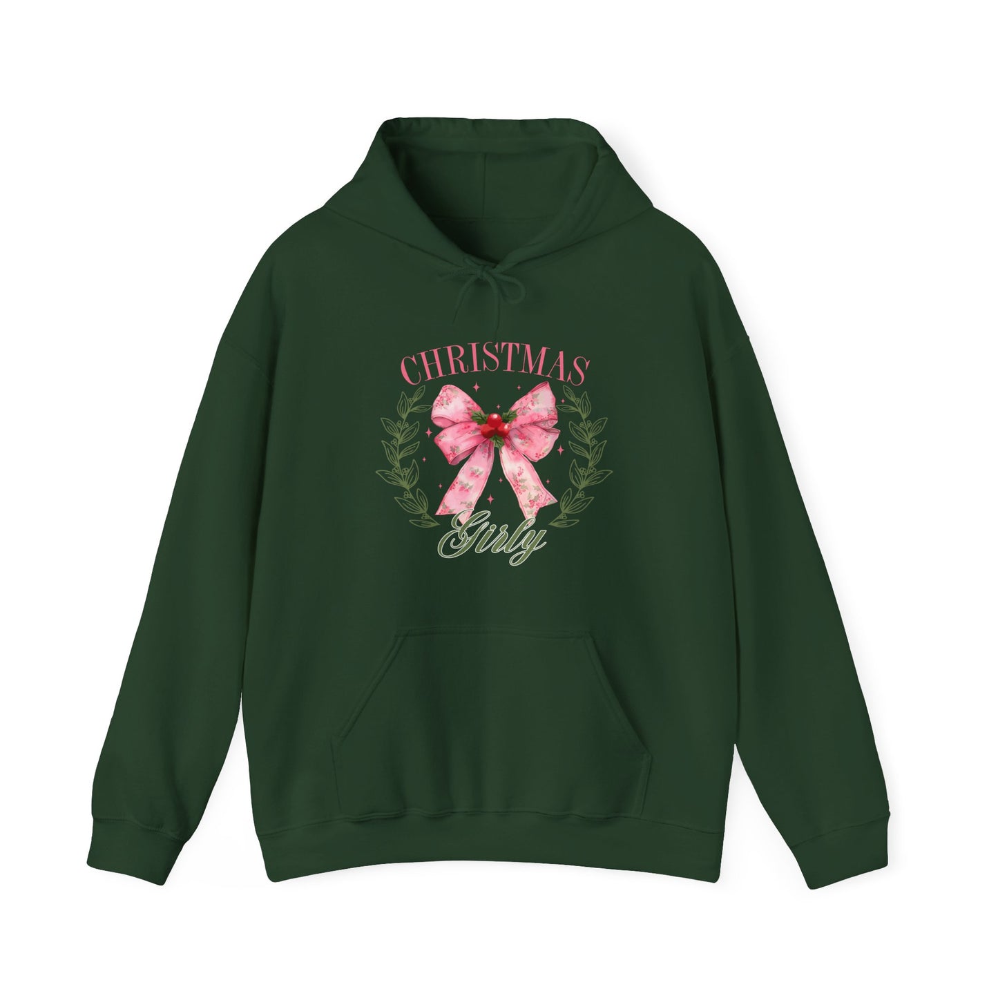 Christmas Girly Hoodie – Pink Bow Wreath Holiday Sweatshirt
