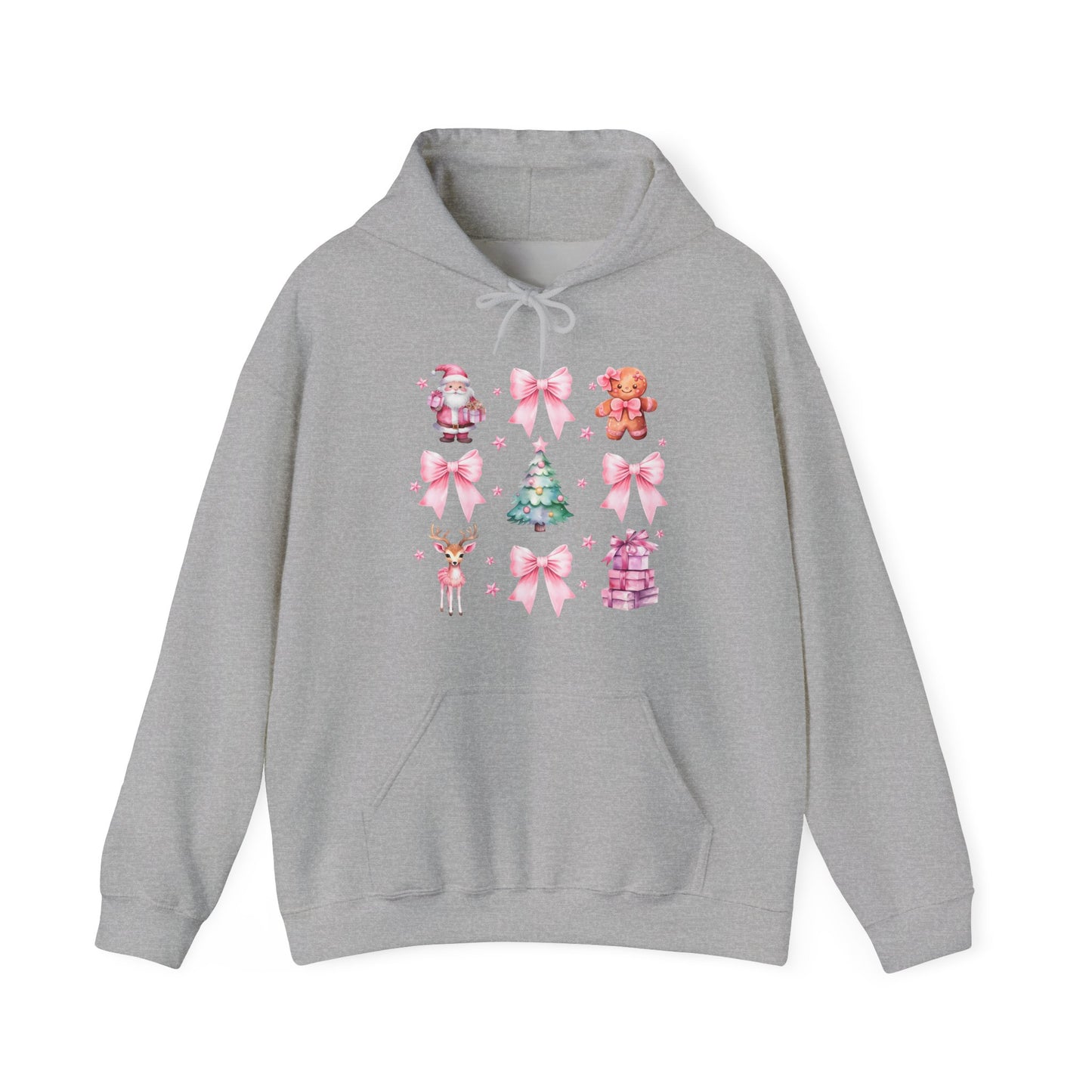 Christmas Graphic Hoodie — Pink Holiday Icons (Santa, Tree, Gingerbread, Bows)
