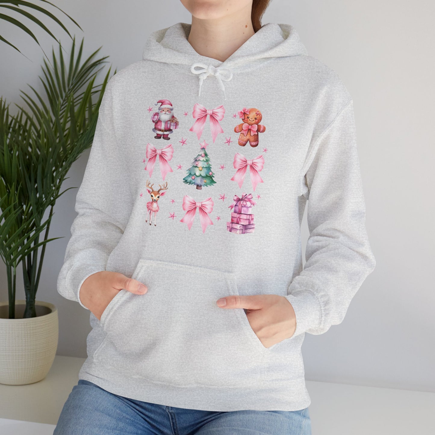 Christmas Graphic Hoodie — Pink Holiday Icons (Santa, Tree, Gingerbread, Bows)