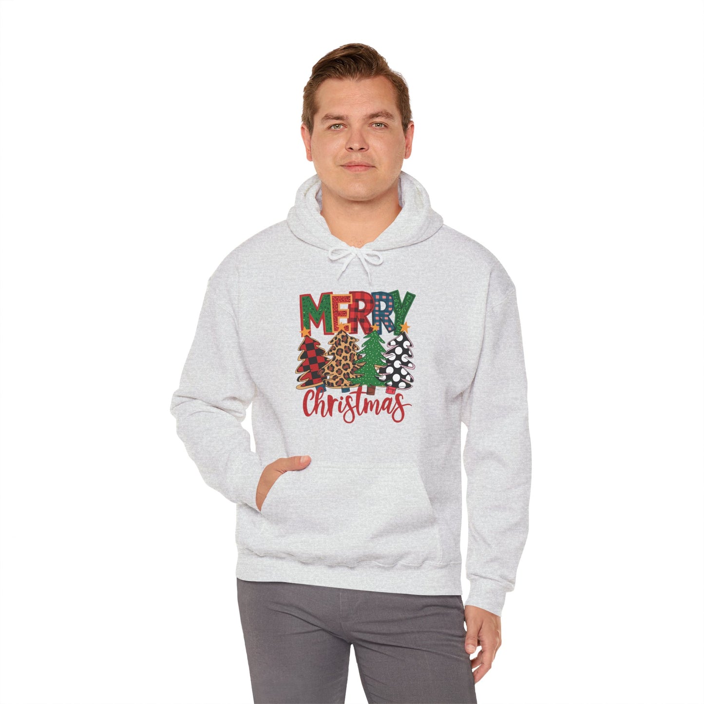 Merry Christmas Pine Tree Hoodie — Festive Buffalo Plaid Holiday Sweatshirt