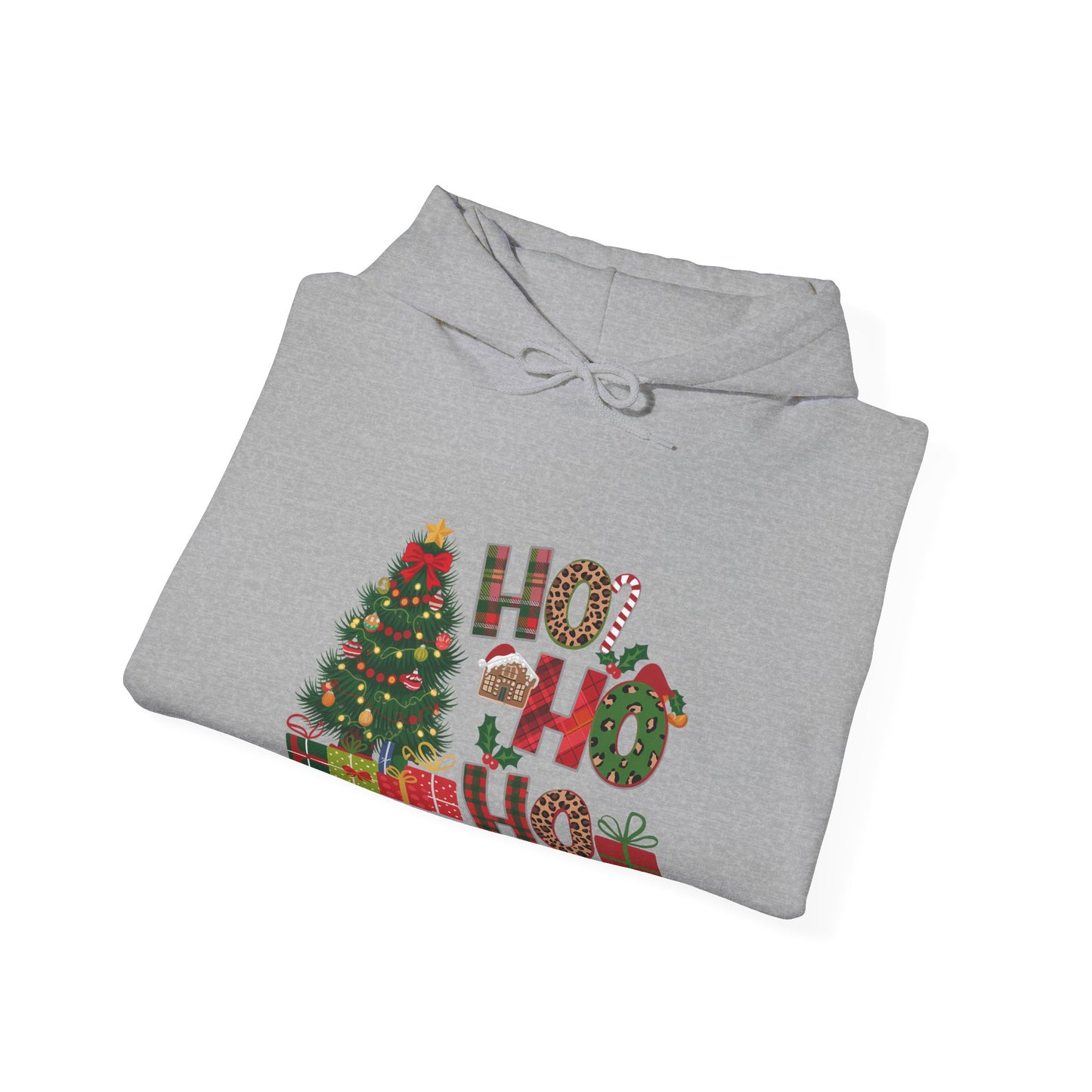 Christmas 'Ho Ho Ho' Hoodie with Tree & Gifts - Festive Holiday Sweatshirt