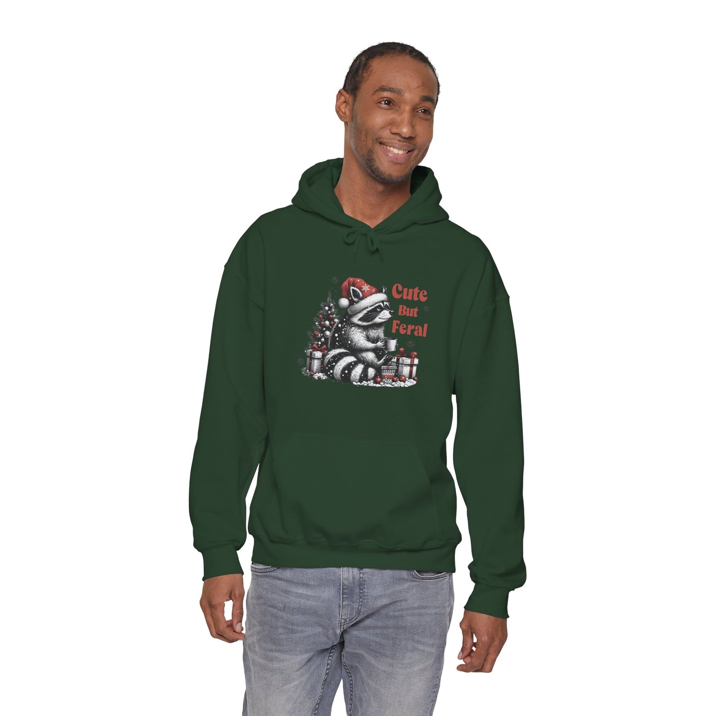 Cute But Feral Raccoon Holiday Hoodie — Christmas Animal Graphic Sweatshirt